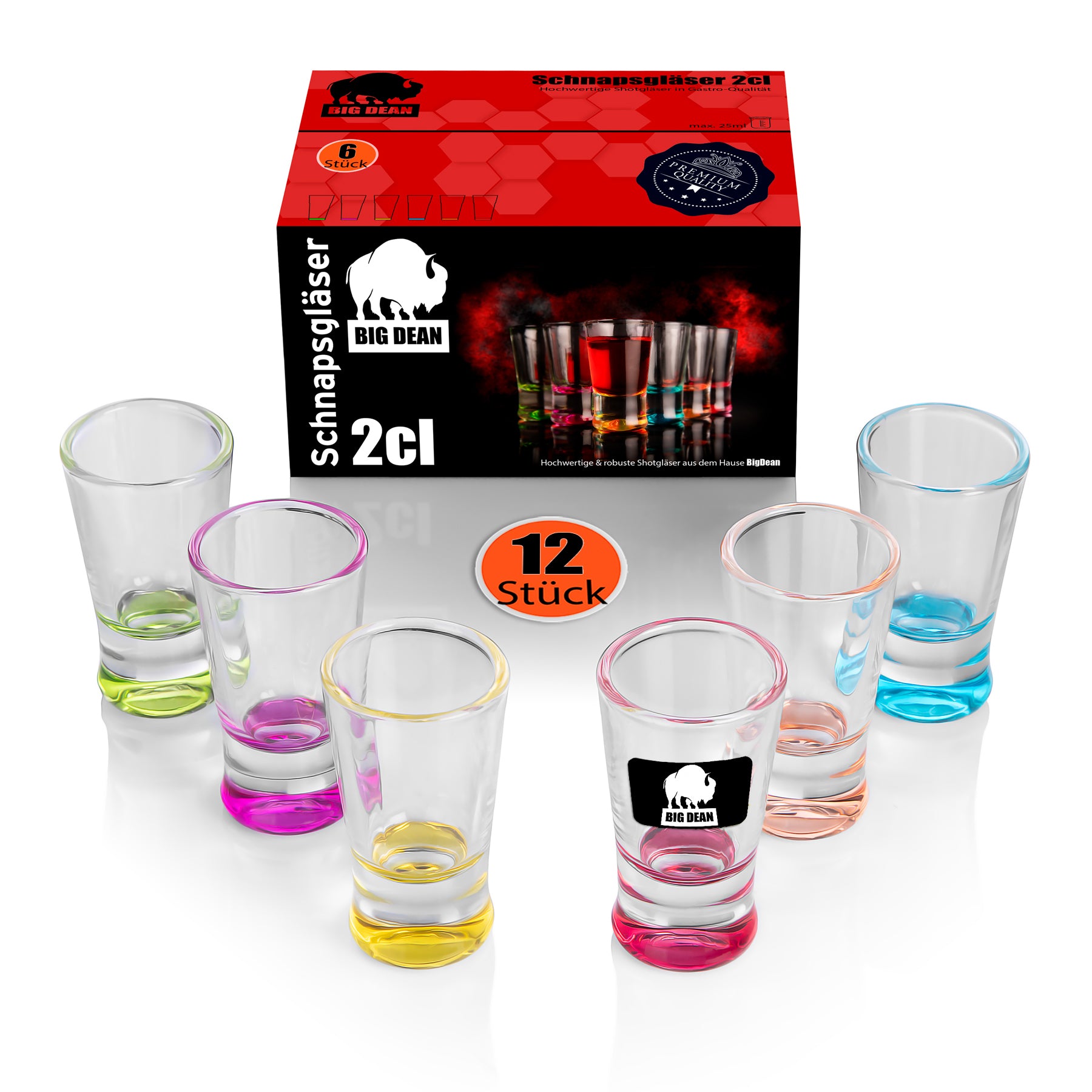 12 Stück farbige Schnapsgläser 2cl in Geschenkbox – hochwertige Shotgläser lebensmittelecht