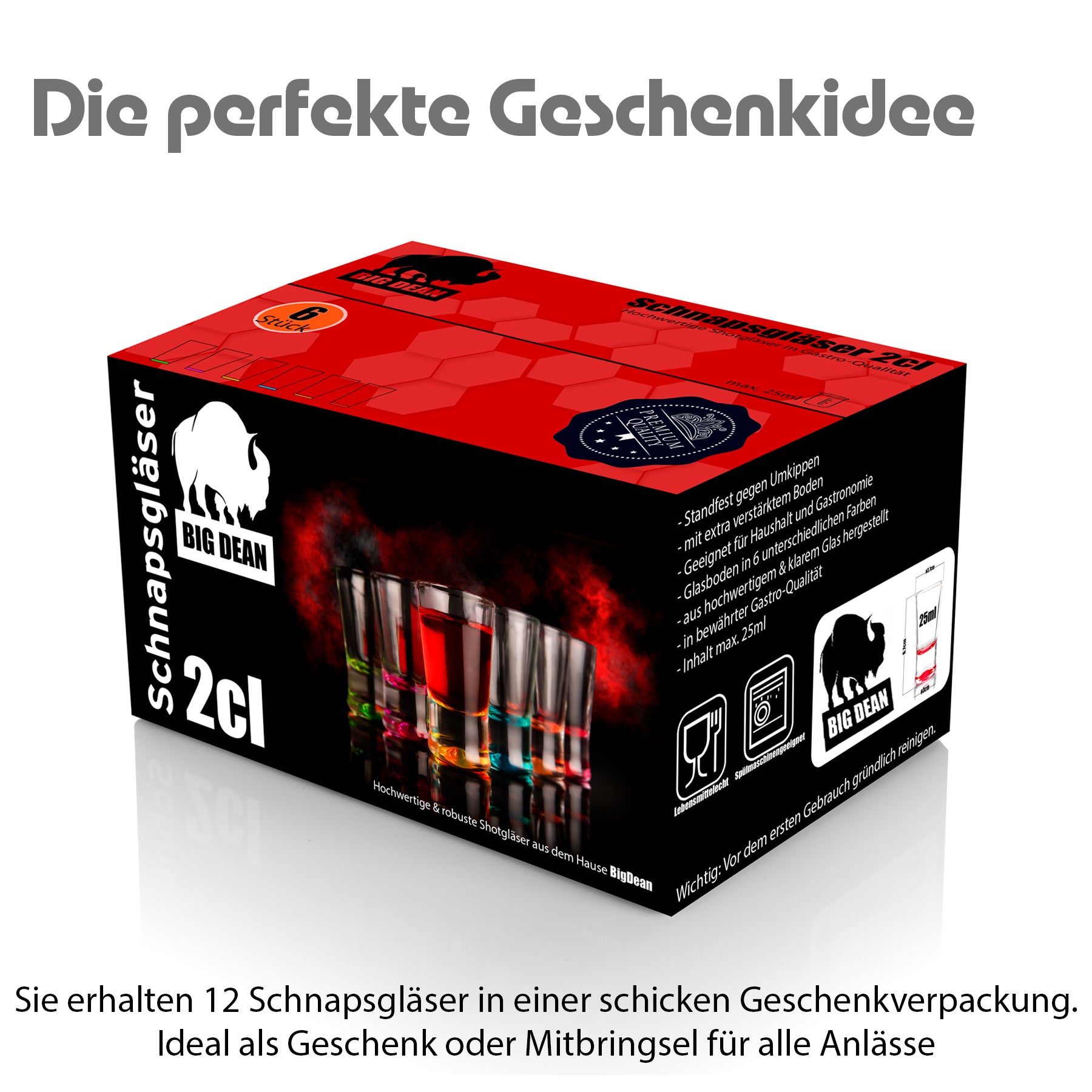 12 Stück farbige Schnapsgläser 2cl in Geschenkbox – hochwertige Shotgläser lebensmittelecht