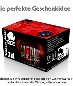 12 Stück farbige Schnapsgläser 2cl in Geschenkbox – hochwertige Shotgläser lebensmittelecht 2