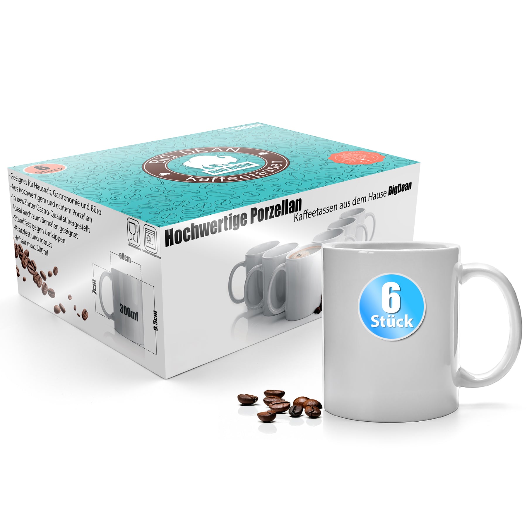 6 Stück Kaffeebecher weiß 300ml – Kaffeetassen aus hochwertigem Porzellan in Geschenkverpackung