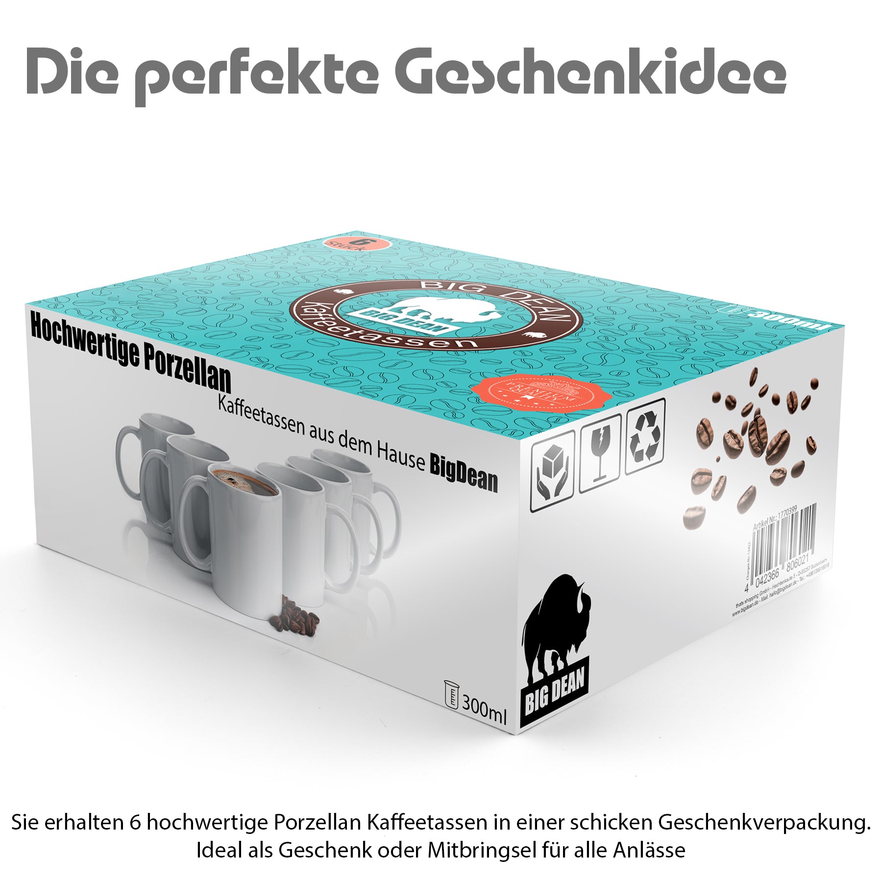 6 Stück Kaffeetassen 300ml – Kaffeebecher aus hochwertigem Porzellan in Geschenkverpackung 2