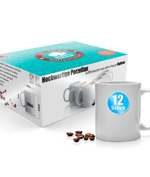12 Stück Kaffeebecher weiß 300ml – Kaffeetassen aus hochwertigem Porzellan in Geschenkverpackung