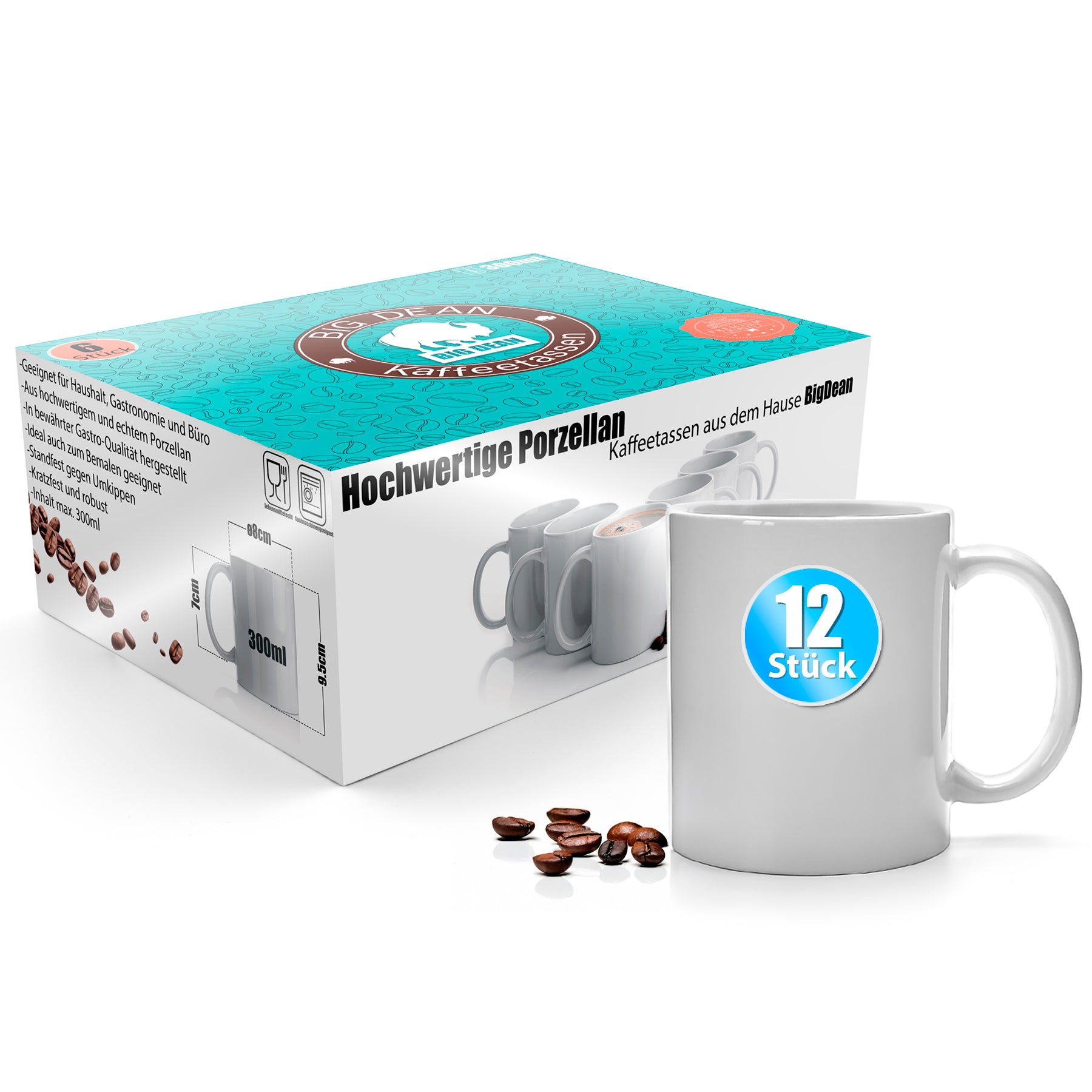 12 Stück Kaffeebecher weiß 300ml – Kaffeetassen aus hochwertigem Porzellan in Geschenkverpackung