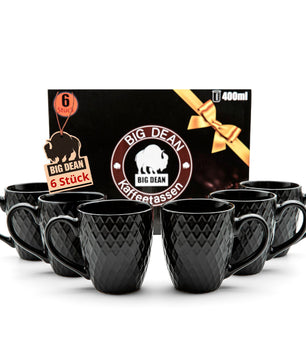 BigDean 6 Stück Kaffeetassen 400ml schwarz matt Kaffeebecher Keramik - Hochwertiges Kaffeetassen Set modernes Tassen Set in Geschenkbox