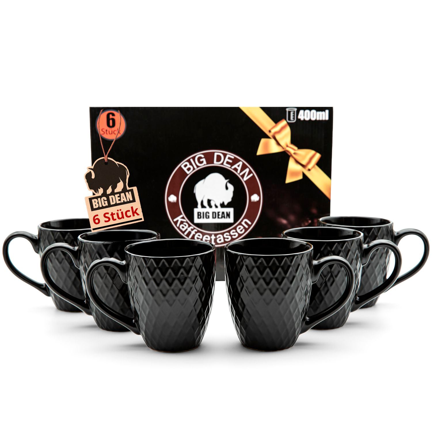 BigDean 6 Stück Kaffeetassen 400ml schwarz matt Kaffeebecher Keramik - Hochwertiges Kaffeetassen Set modernes Tassen Set in Geschenkbox