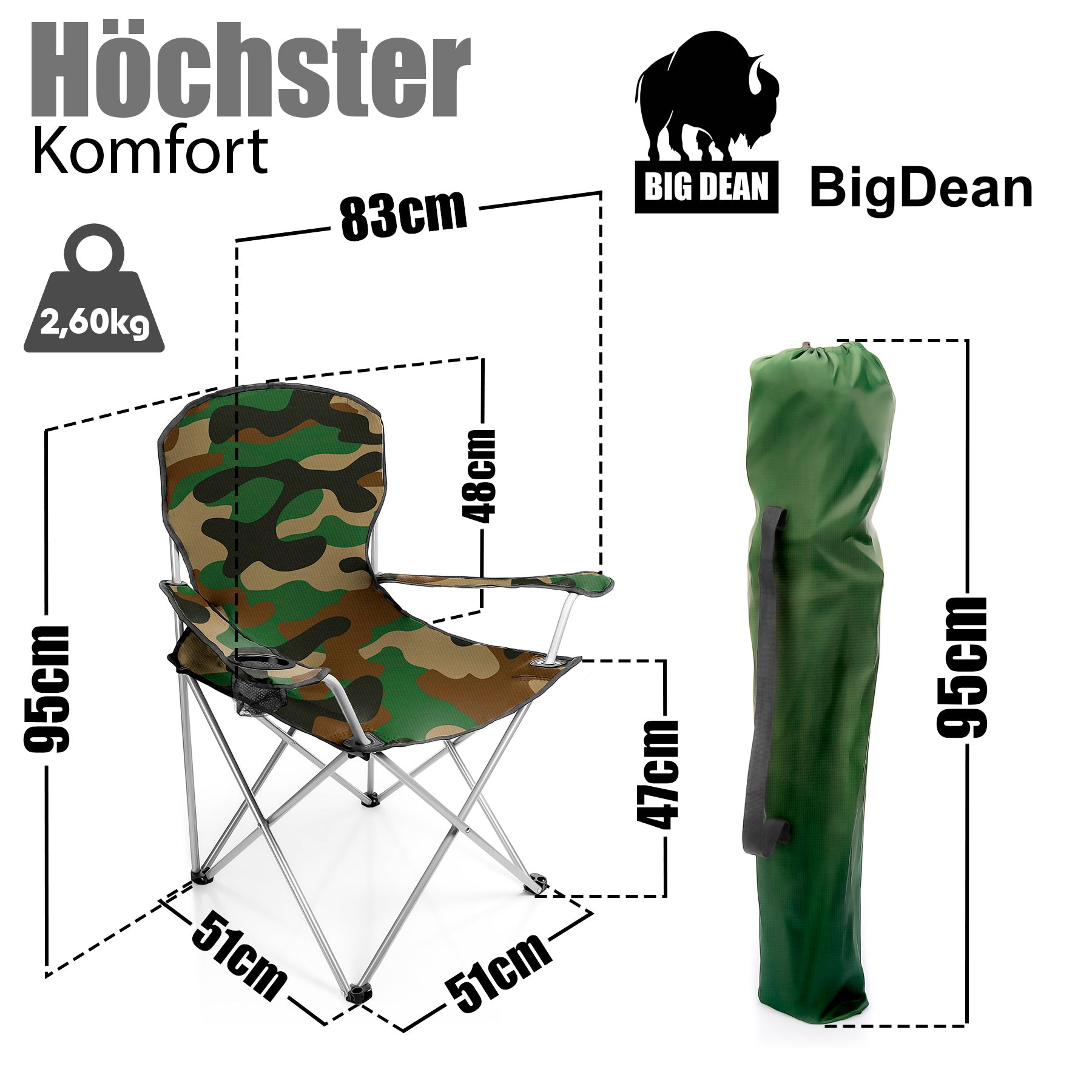Campingstuhl für Personen ab 1,70 m - Großer Bequemer Faltstuhl in Camouflage