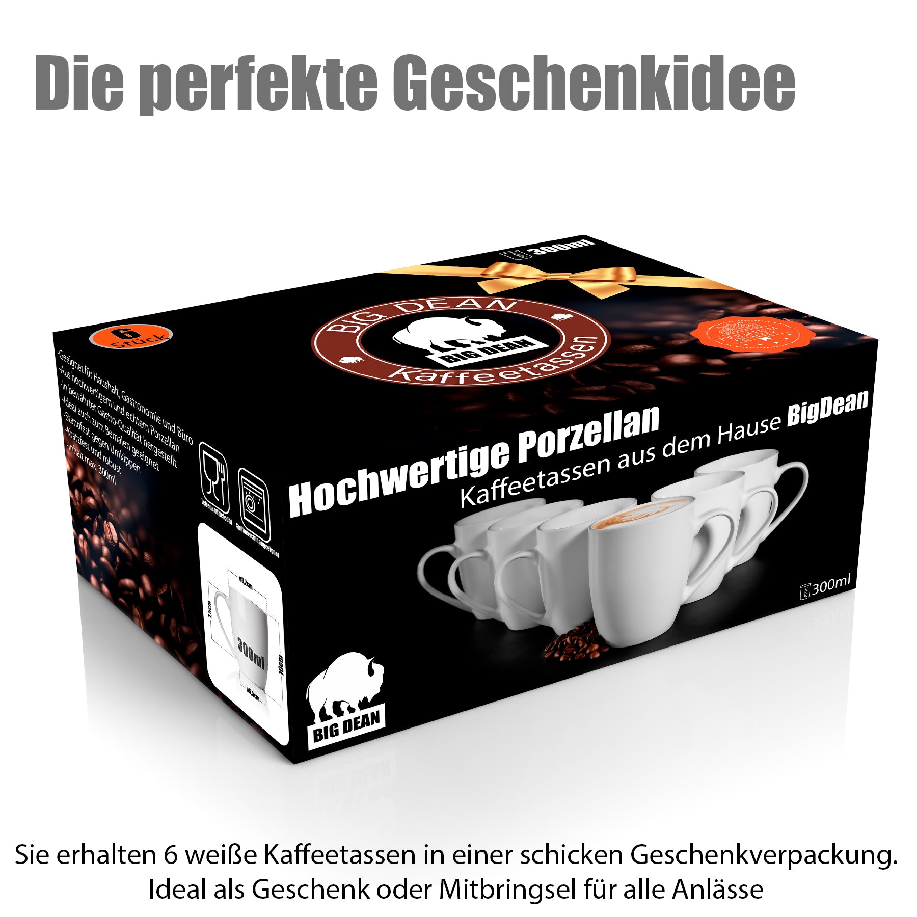 6 Stück Kaffeebecher 300ml aus echtem Porzellan - Tassen zum Bemalen - in Geschenkverpackung
