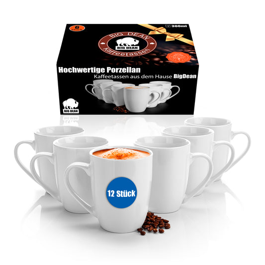 12 Stück Kaffeebecher 300ml aus echtem Porzellan - Tassen zum Bemalen - in Geschenkverpackung
