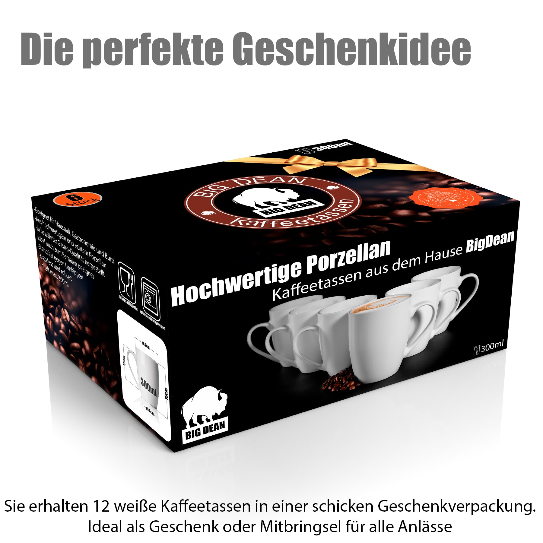 12 Stück Kaffeebecher 300ml aus echtem Porzellan - Tassen zum Bemalen - in Geschenkverpackung 2