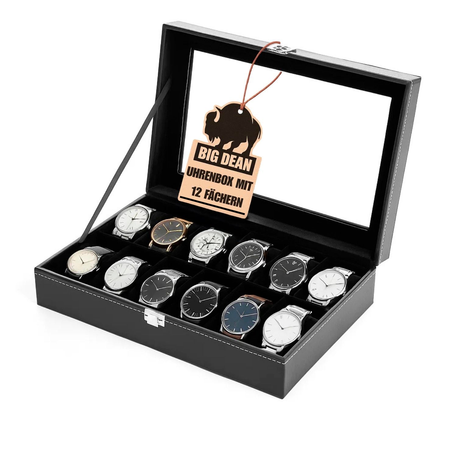 Uhrenbox für 12 Uhren Glasdeckel - schicke Uhrenbox Herren Watch Box Uhrenaufbewahrung