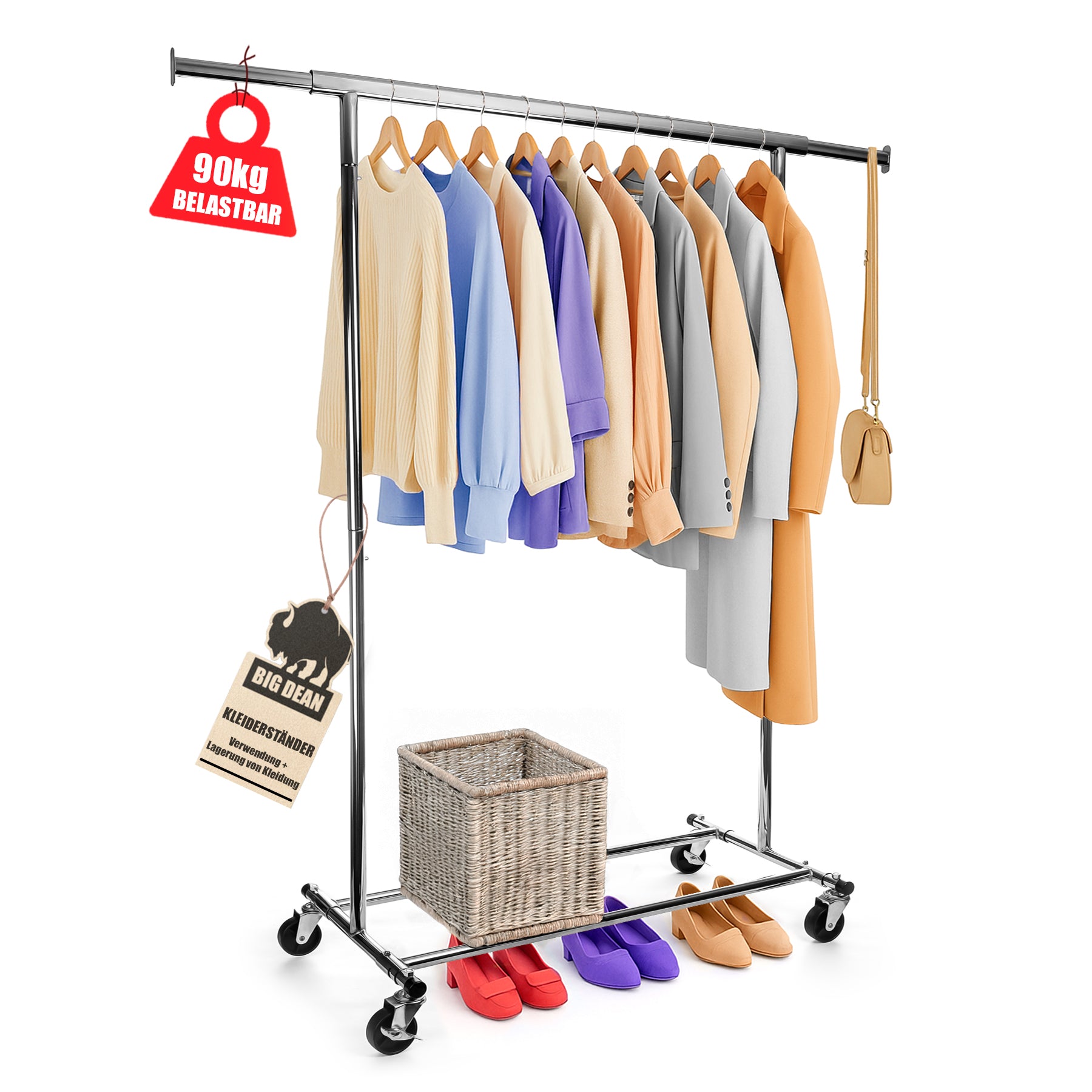 Kleiderständer auf Rollen 90kg belastbar ausziehbare Kleiderstange Kleiderständer 