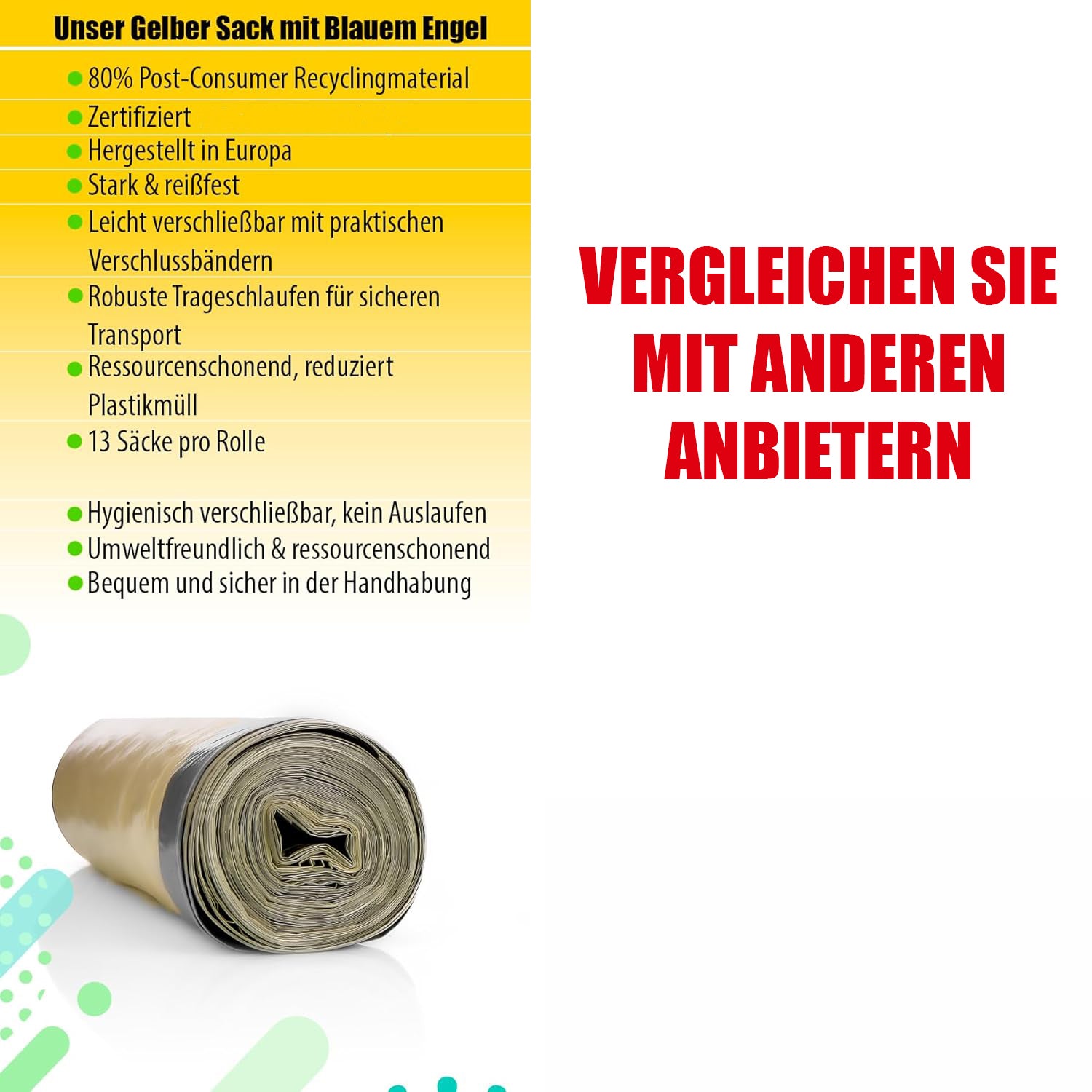 Gelber Sack Mülleimer 60L + 10 Rollen Gelber Sack – luftdichte gelbe Sack Tonne