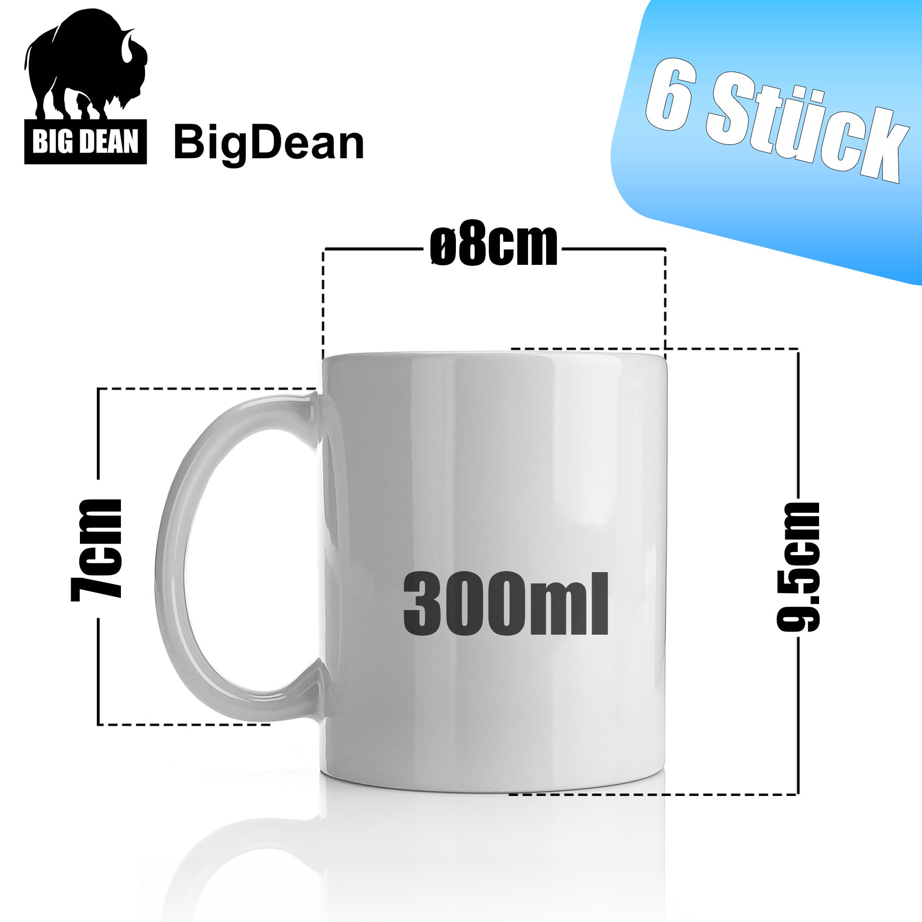 6 Stück große Kaffeebecher weiß 300ml aus hochwertigem Porzellan - Kaffeetasse weiß  3