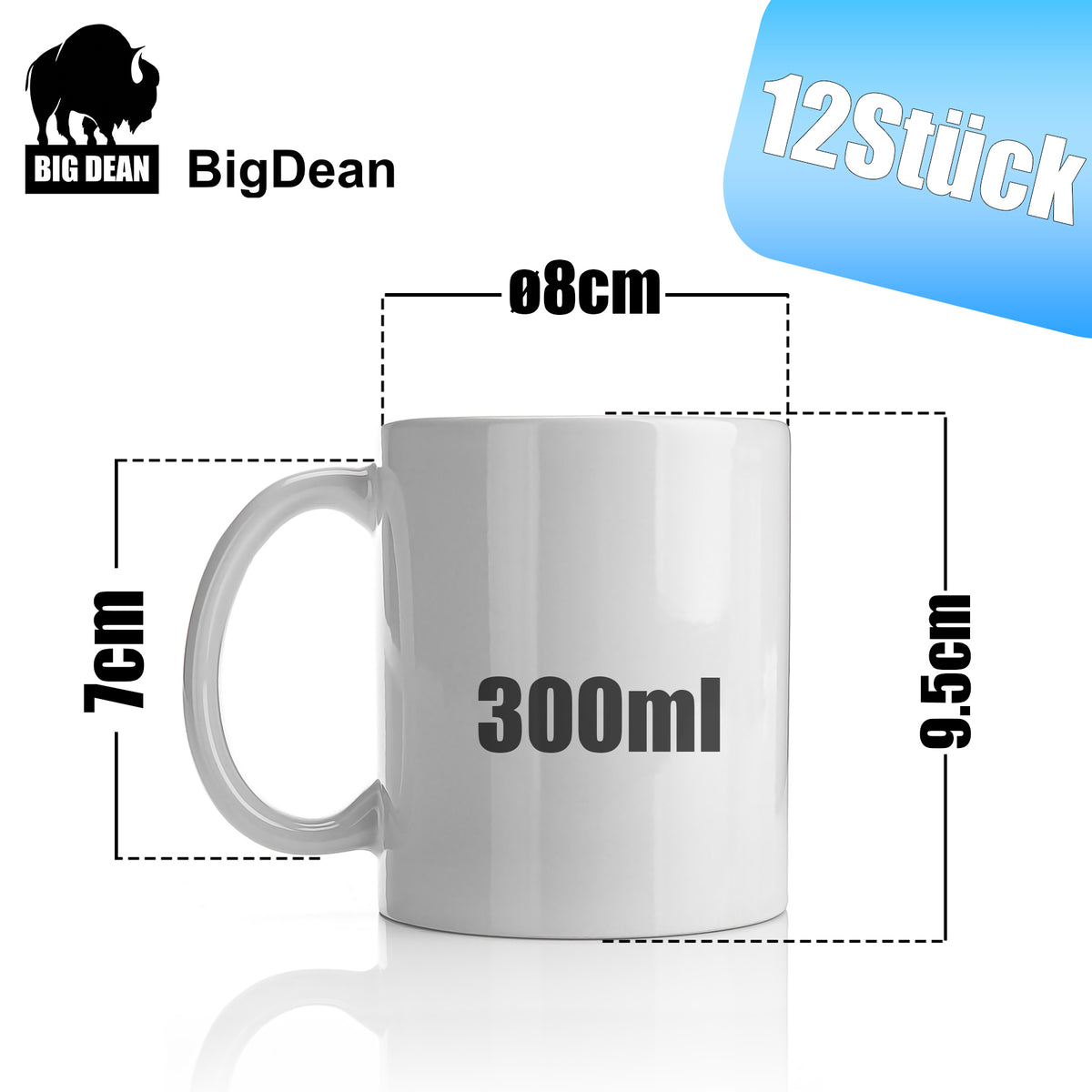 BigDean 12 Stück große Kaffeebecher weiß 300ml spülmaschinenfest aus hochwertigem Porzellan - Tassen zum Bemalen - Kaffeepott Glühweinbecher Kaffeetasse weiß - Kaffeetassen Set groß image 3