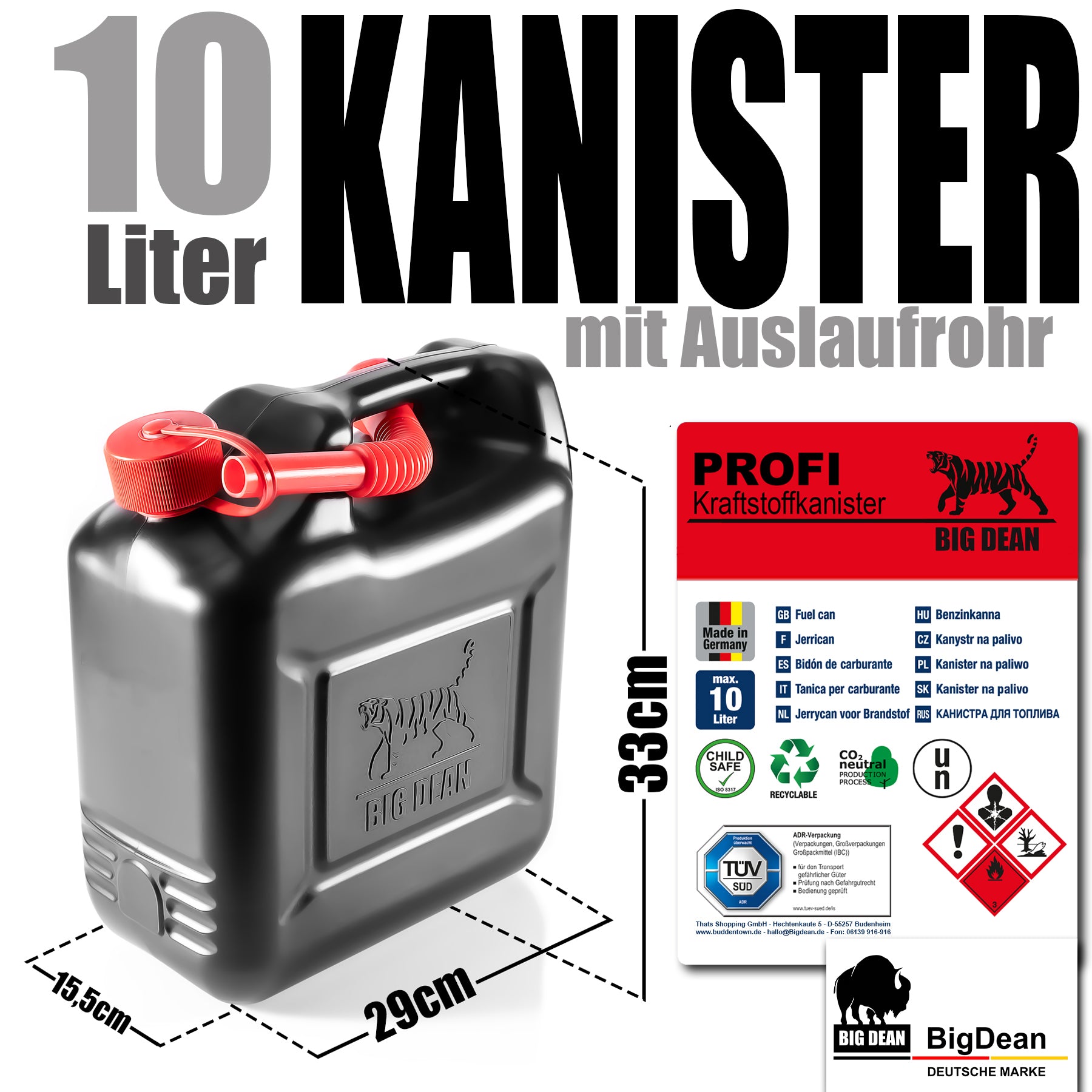5 Stück Benzinkanister 10L mit UN-Zulassung & flexiblem Auslaufrohr - Kraftstoffkanister