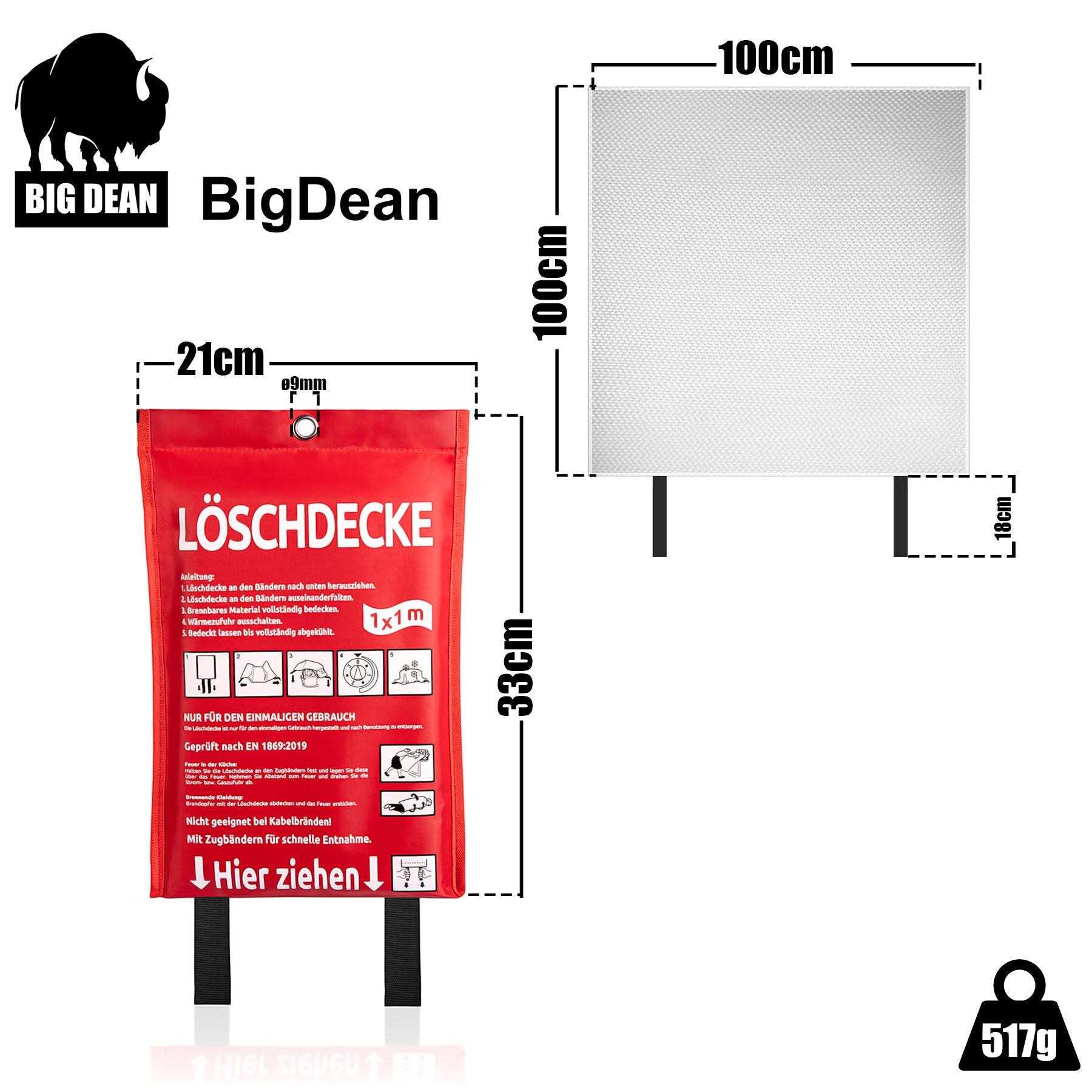 Löschdecke Küche für Fettbrand sofort einsetzbare XL Feuerlöschdecke DIN EN 1869:2001