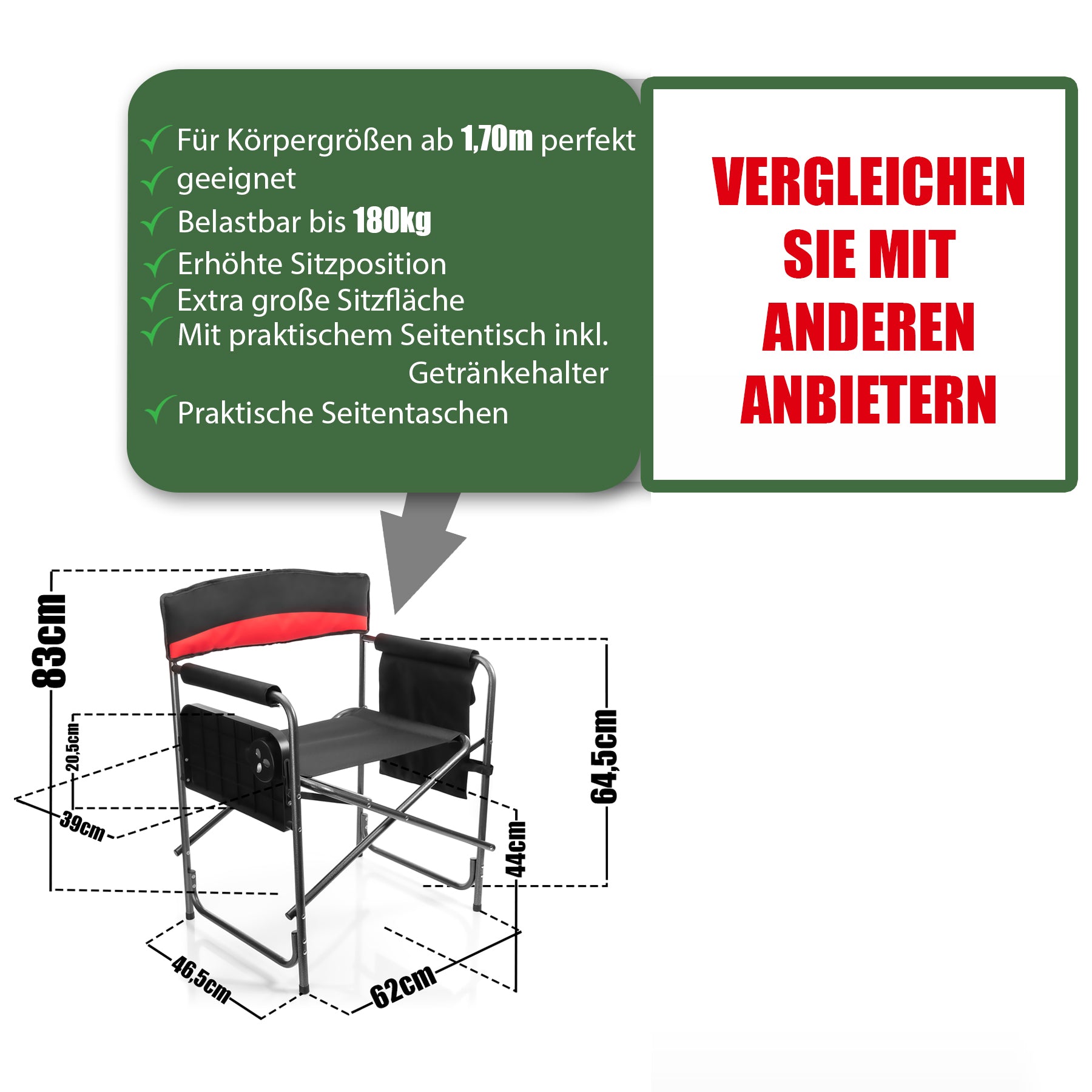 Komfort Campingstuhl in schwarz mit praktischem Klapptisch inkl. Getränkehalter – Camping Sessel