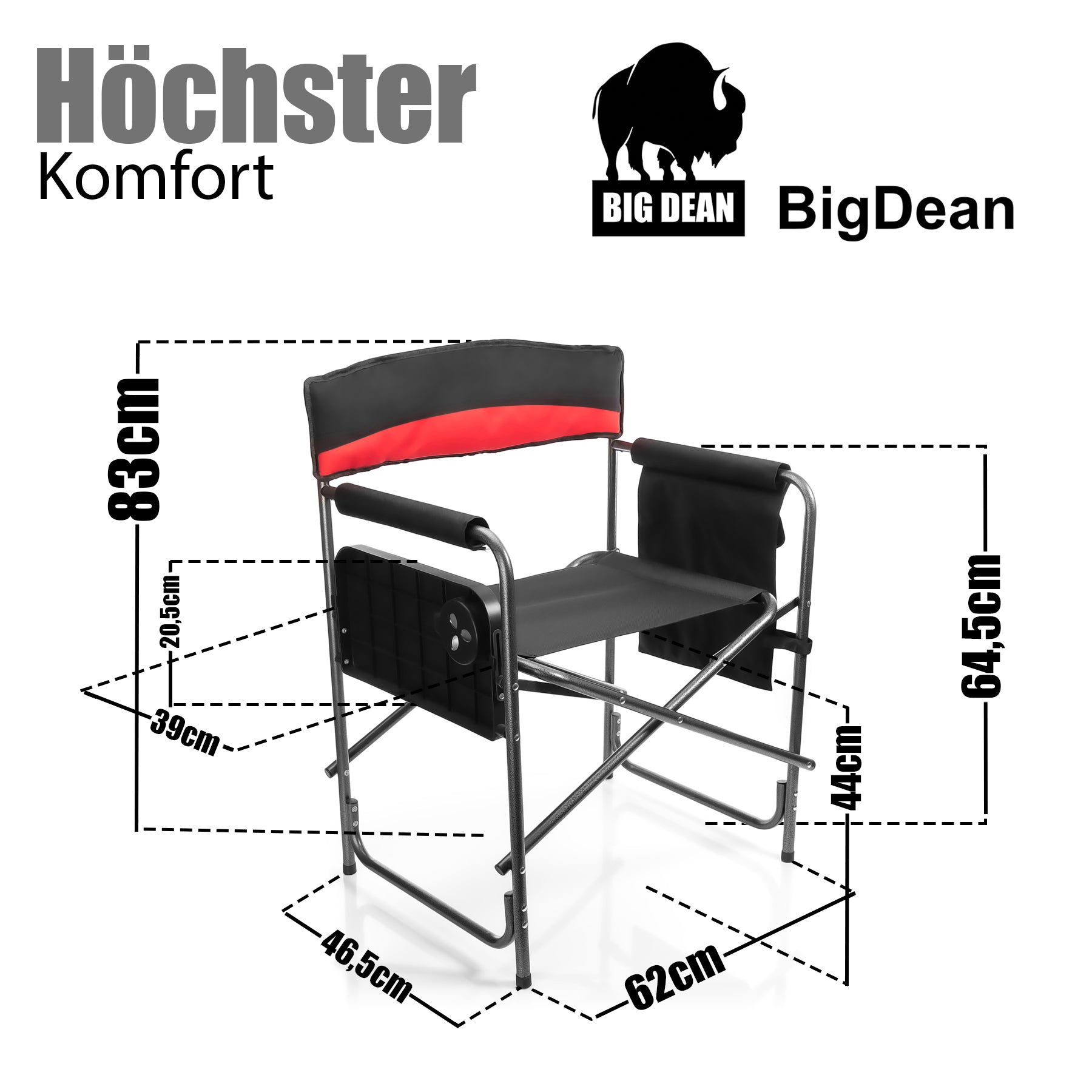 Komfort Campingstuhl in schwarz mit praktischem Klapptisch inkl. Getränkehalter – Camping Sessel