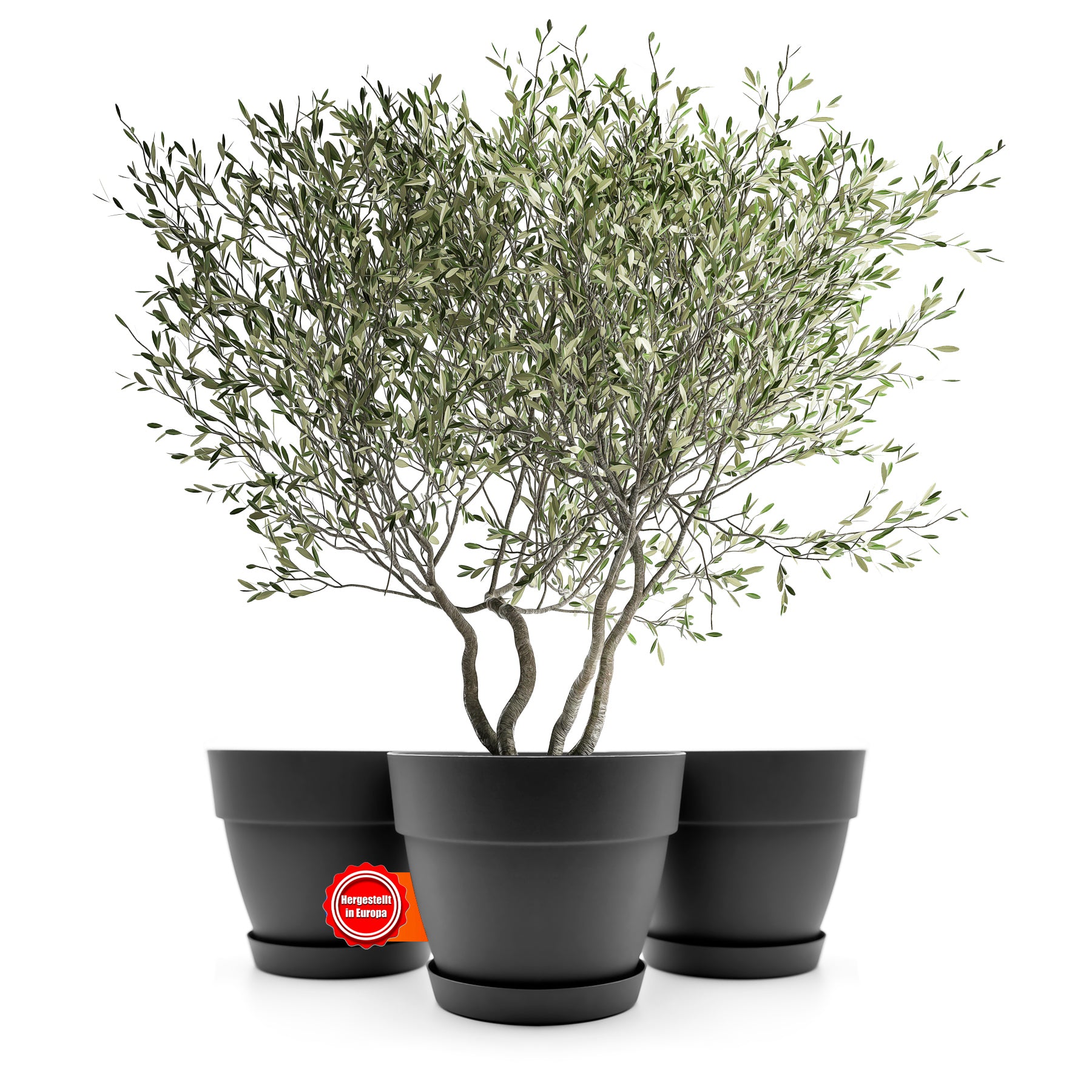 3 Stück Blumentopf mit Untersetzer rund ø40 cm in Anthrazit – Übertopf innen + außen