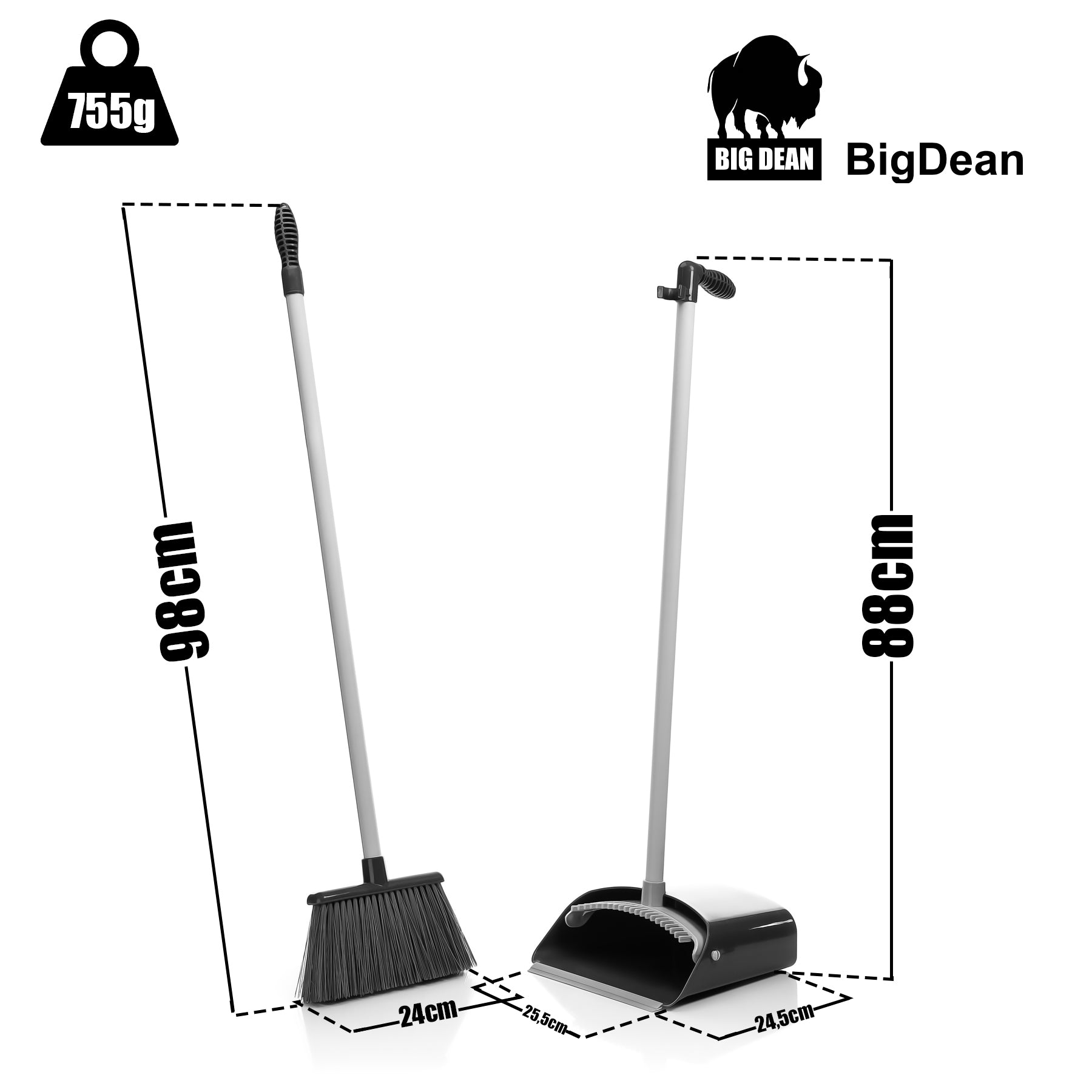 BigDean 2 Stück Kehrschaufel Set mit Besen in Grau – Kehrgarnitur für effektive Bodenreinigung 3