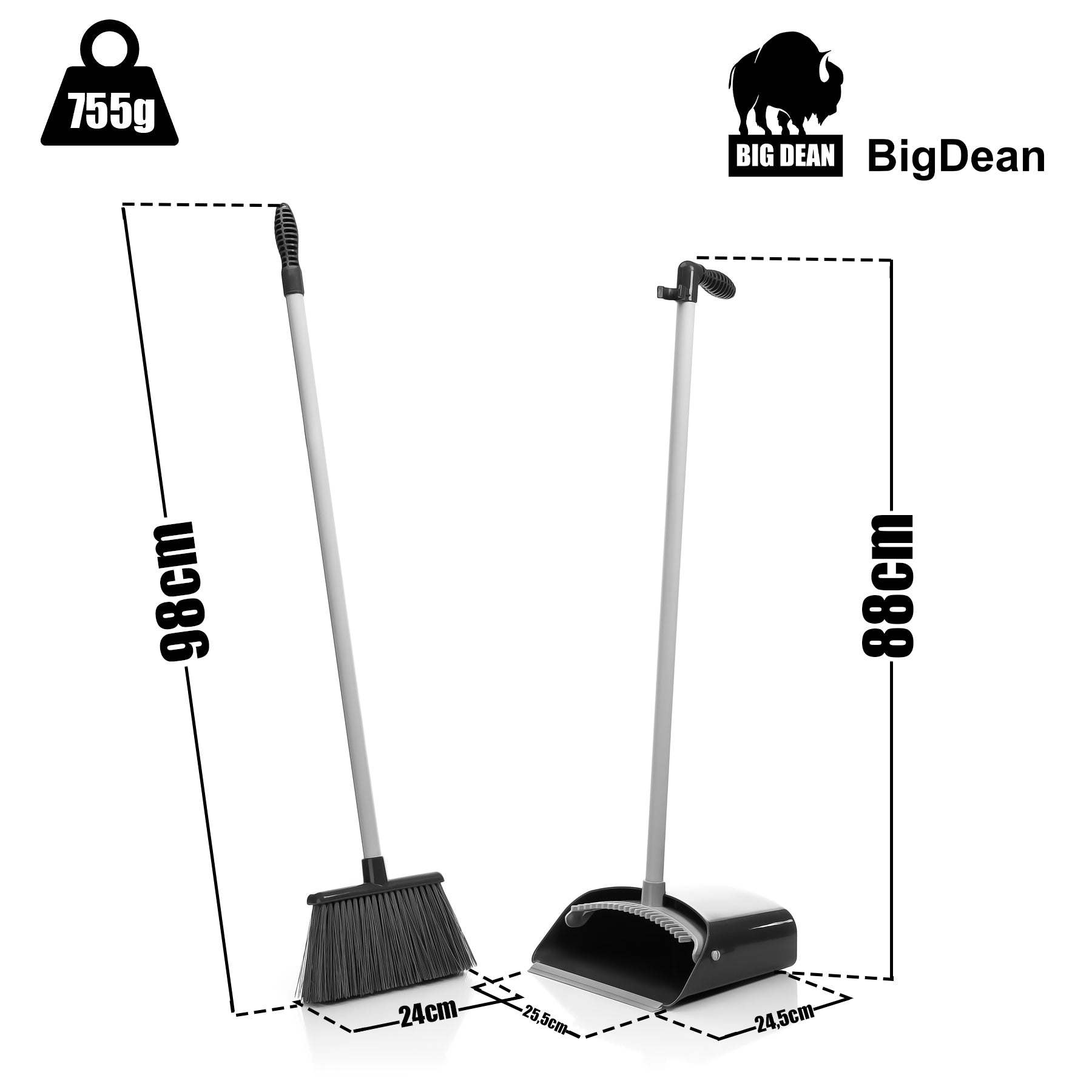 BigDean Kehrschaufel Set mit Besen in Grau – Kehrgarnitur für effektive Bodenreinigung – Besen mit T 3