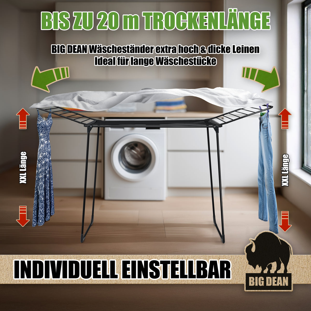 BigDean Wäscheständer 200 Schwarz extra hoch & dicke Leinen - 20m Wäscheständer XXL - Wäscheständer platzsparend - Klappbarer Flügelwäscheständer- Wäschetrockner Made in Europe 
 image 2