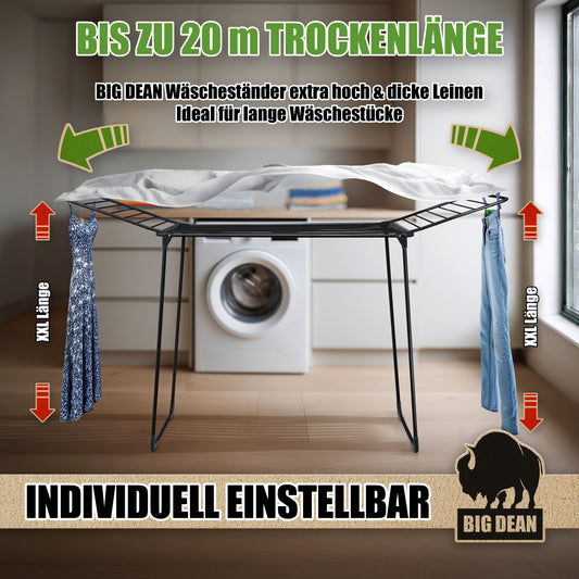BigDean Wäscheständer 200 Schwarz extra hoch & dicke Leinen - 20m Wäscheständer XXL - Wäscheständer platzsparend - Klappbarer Flügelwäscheständer- Wäschetrockner Made in Europe 
 image 2