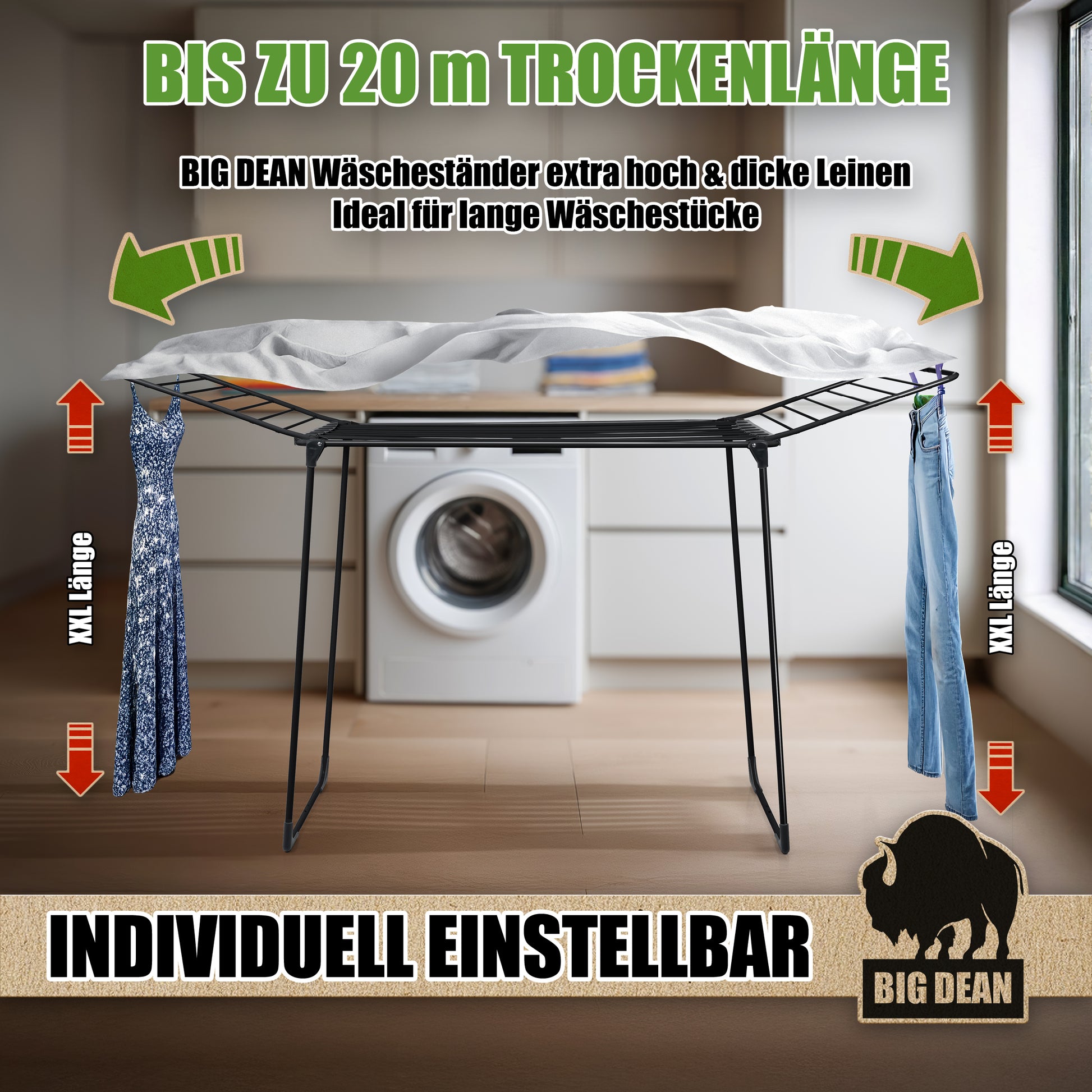 Wäscheständer 20m extra hoch & dicke Leinen - Wäschetrockner Made in Europe 2