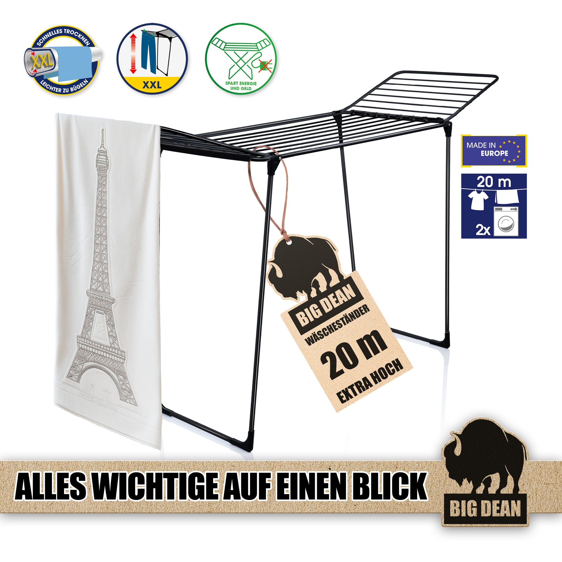 Wäscheständer 20m extra hoch & dicke Leinen - Wäschetrockner Made in Europe 4