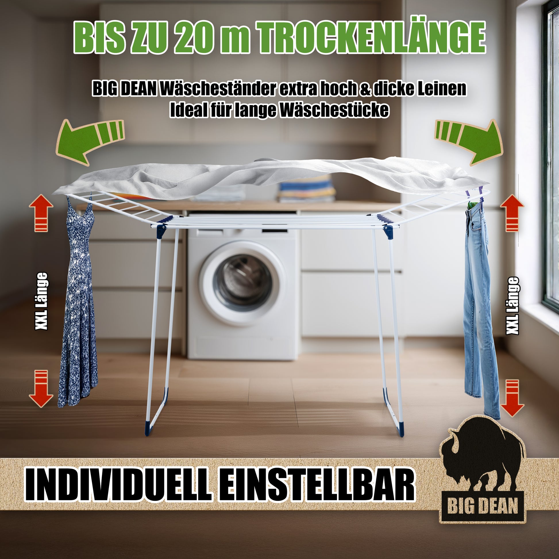 Wäscheständer 20m extra hoch & Dicke Leinen weiß/blau - Wäschetrockner Made in Europe 2