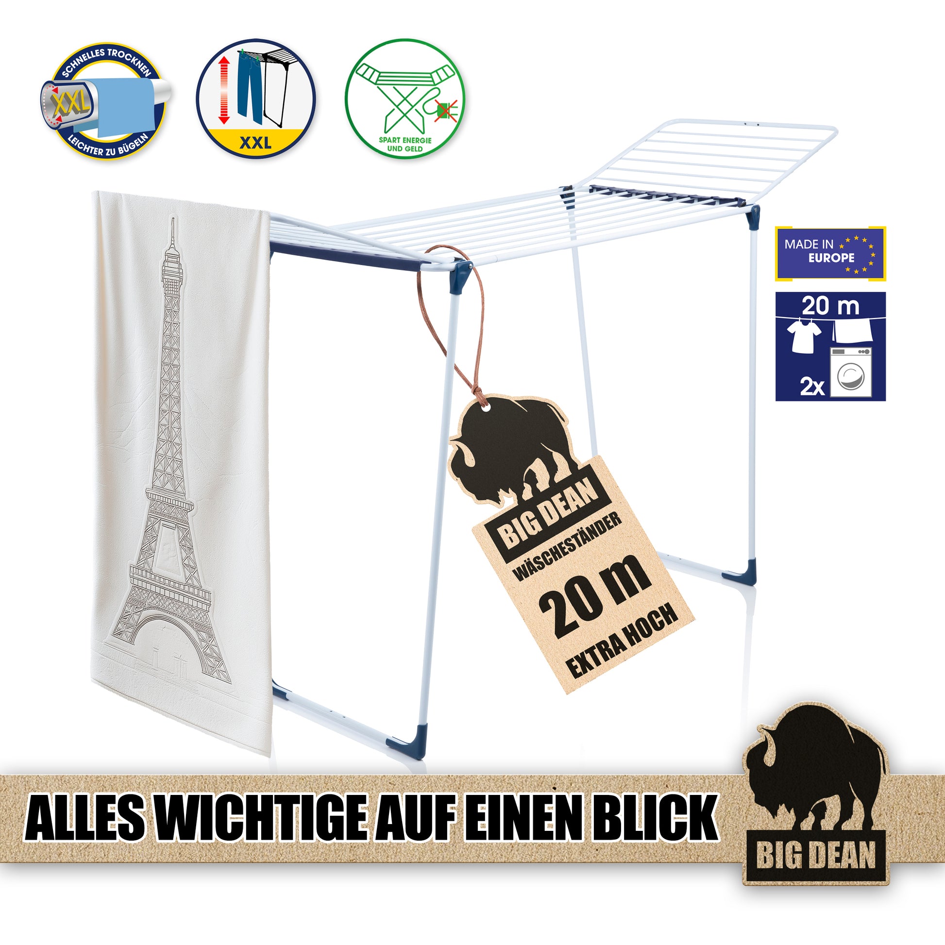 Wäscheständer 20m extra hoch & Dicke Leinen weiß/blau - Wäschetrockner Made in Europe 4
