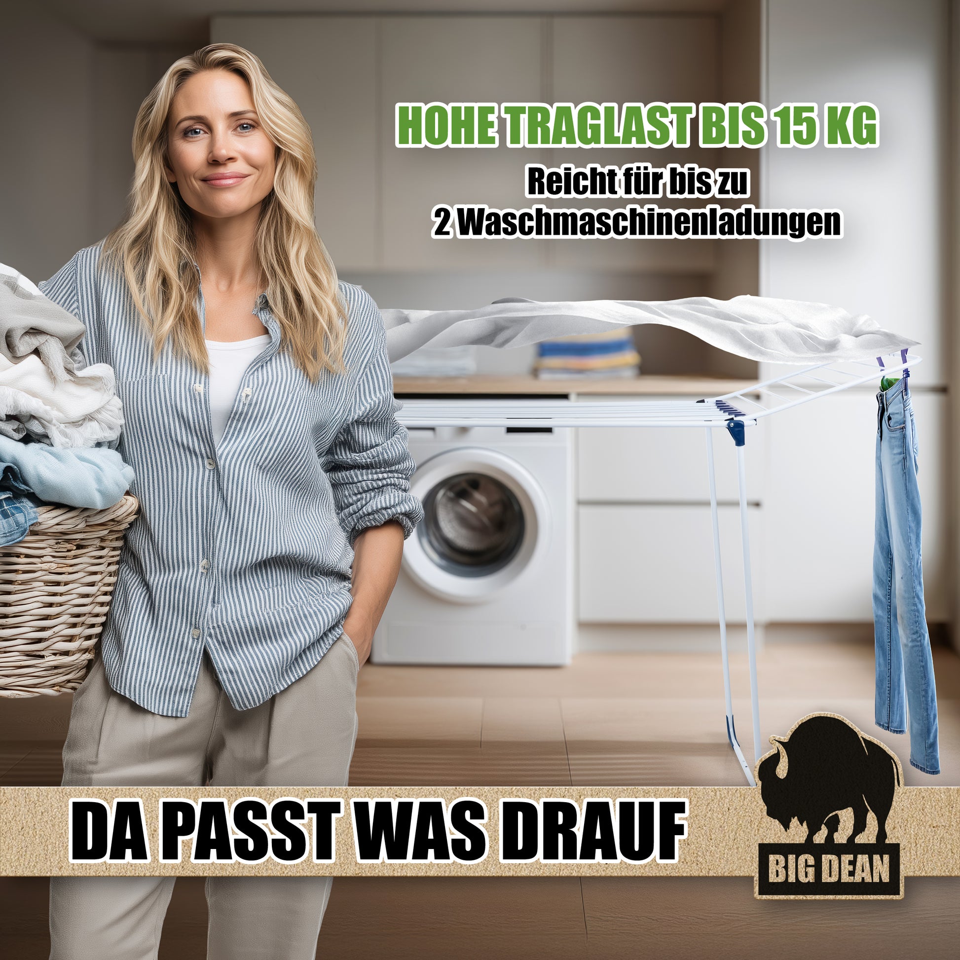 Wäscheständer 20m extra hoch & Dicke Leinen weiß/blau - Wäschetrockner Made in Europe 5