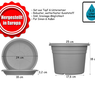 3x Blumentopf Ø 25 cm Farbe Terrakotta & Untersetzer Kunststoff Pflanztopf Containertopf Übertopf 6