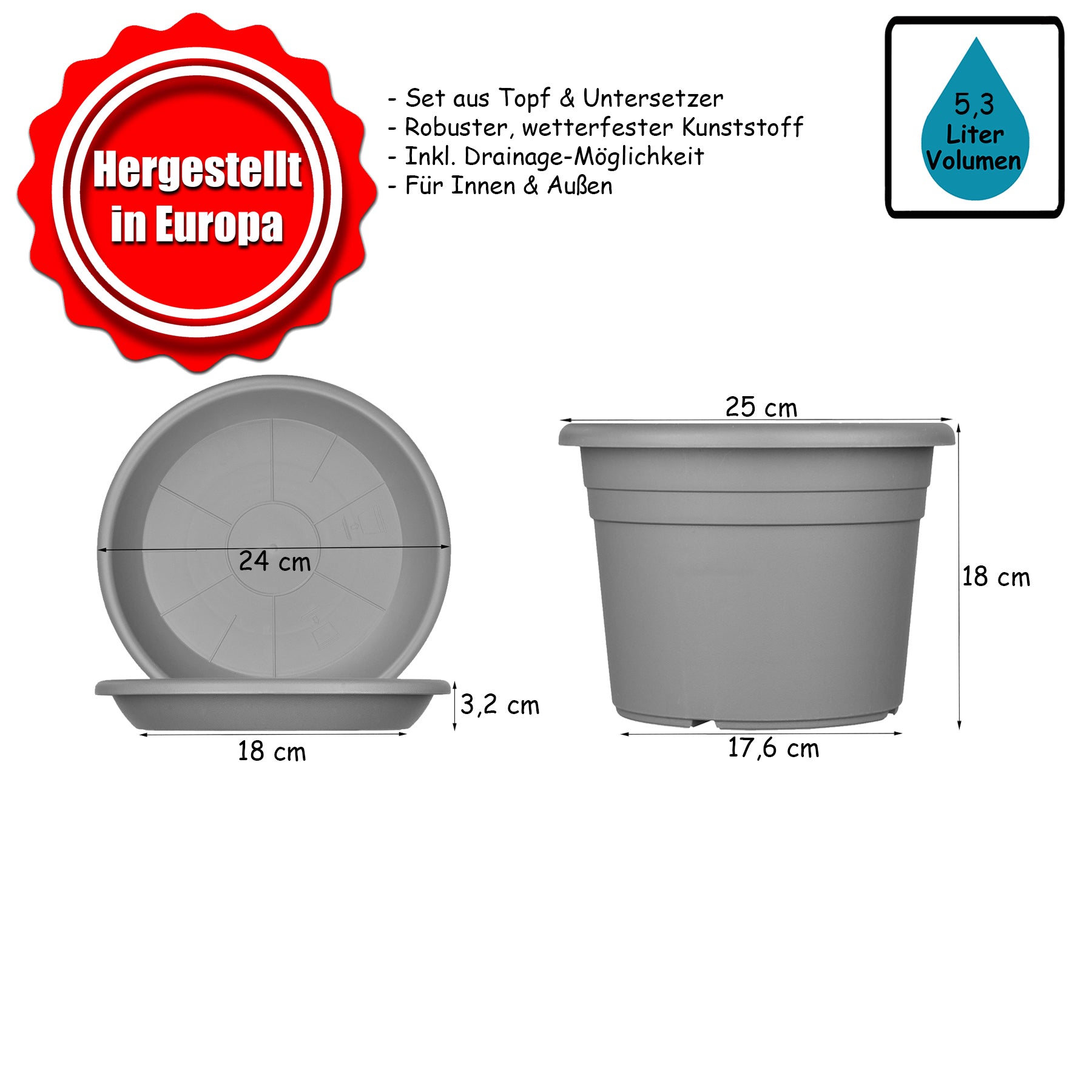 3x Blumentopf Ø 25 cm Farbe Terrakotta & Untersetzer Kunststoff Pflanztopf Containertopf Übertopf 6