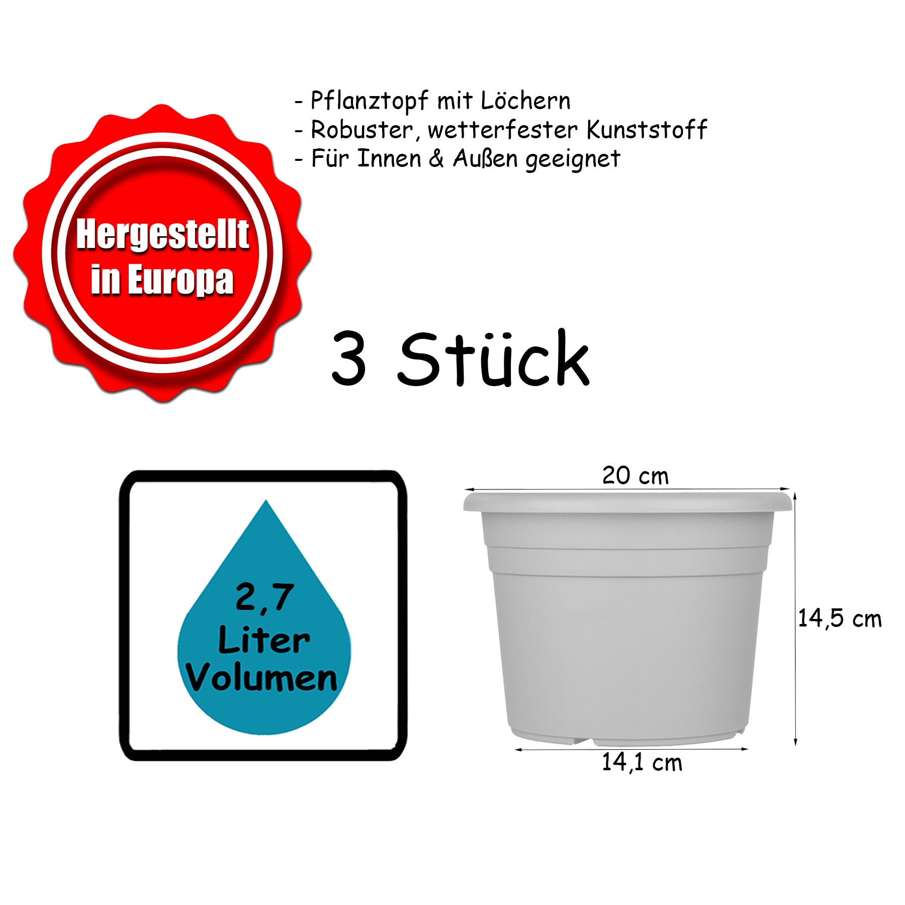 3x Blumentopf Ø 20 cm Farbe Terrakotta Kunststoff Pflanztopf Containertopf Übertopf Pflanzkübel rund 5