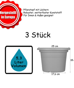 3x Blumentopf Ø 25 cm Farbe Terrakotta Kunststoff Pflanztopf Containertopf Übertopf Pflanzkübel rund 5