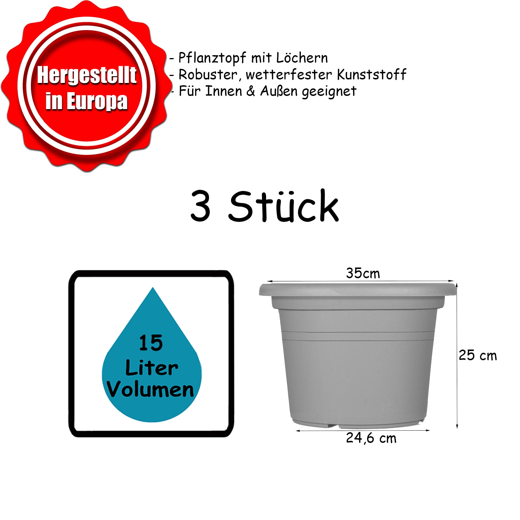 3x Blumentopf Ø 35 cm Farbe Terrakotta Kunststoff Pflanztopf Containertopf Übertopf Pflanzkübel rund 5