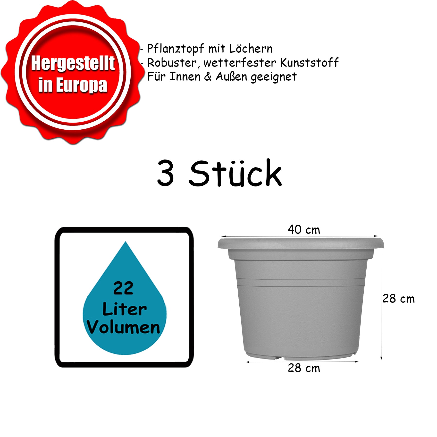 3x Blumentopf Ø 40 cm Farbe Terrakotta Kunststoff Pflanztopf Containertopf Übertopf Pflanzkübel rund 5