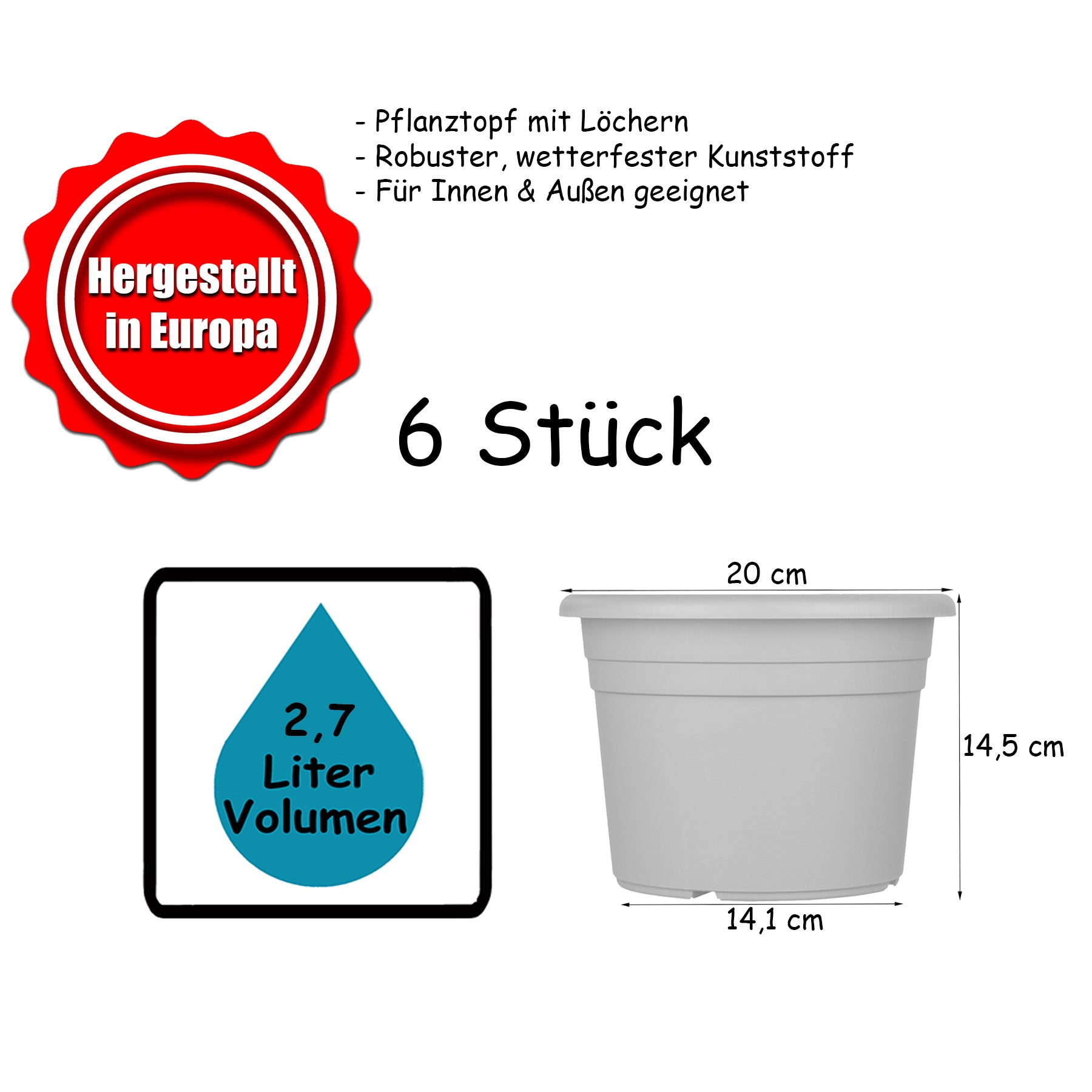 6x Blumentopf Ø 20 cm Farbe Terrakotta Kunststoff Pflanztopf Containertopf Übertopf Pflanzkübel rund 5