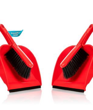 BigDean 2 Stück Kehrschaufel Set in Rot – Handfeger mit stabilen + robusten Borsten und Schaufel – Kehrblech aus hochwertigem Kunststoff – Haushalts Besen Kehrset – Made in Europa