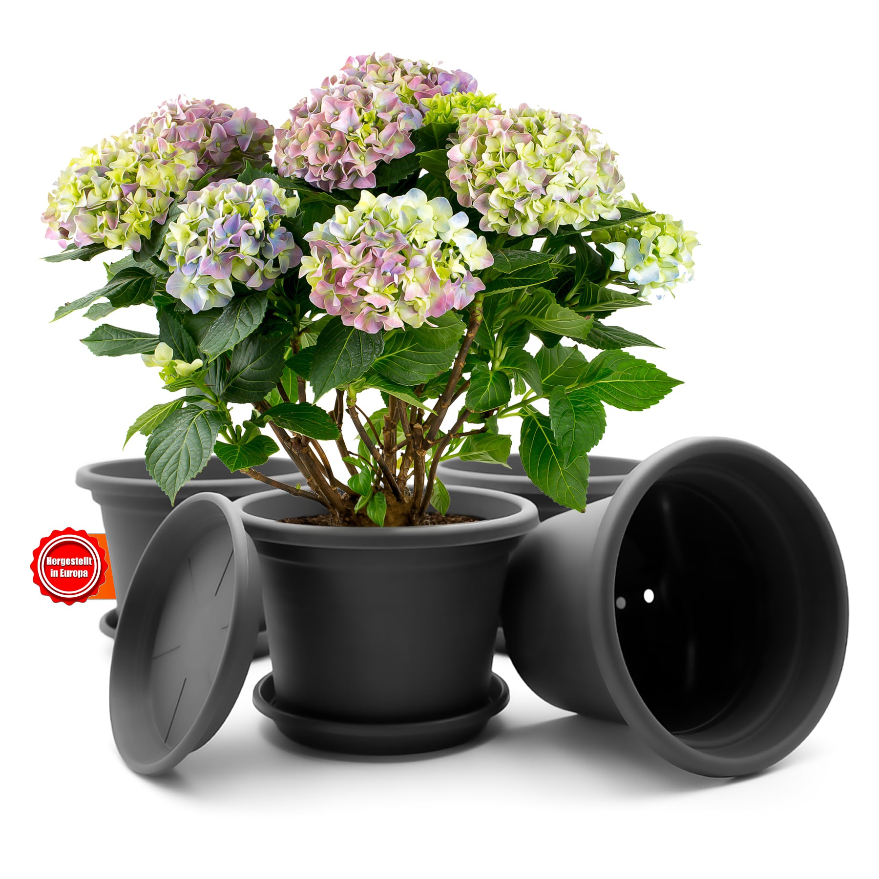 4 Stück Blumentopf mit Untersetzer rund ø 20 cm Anthrazit – wetterfester Pflanzkübel
