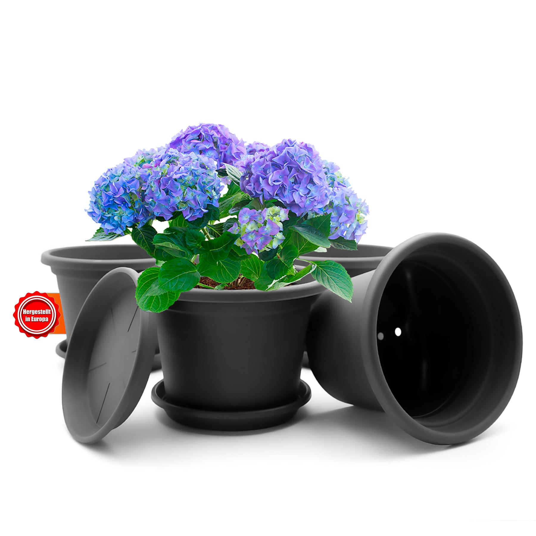 4 Stück Blumentopf mit Untersetzer rund ø 30 cm Anthrazit – wetterfester Pflanzkübel