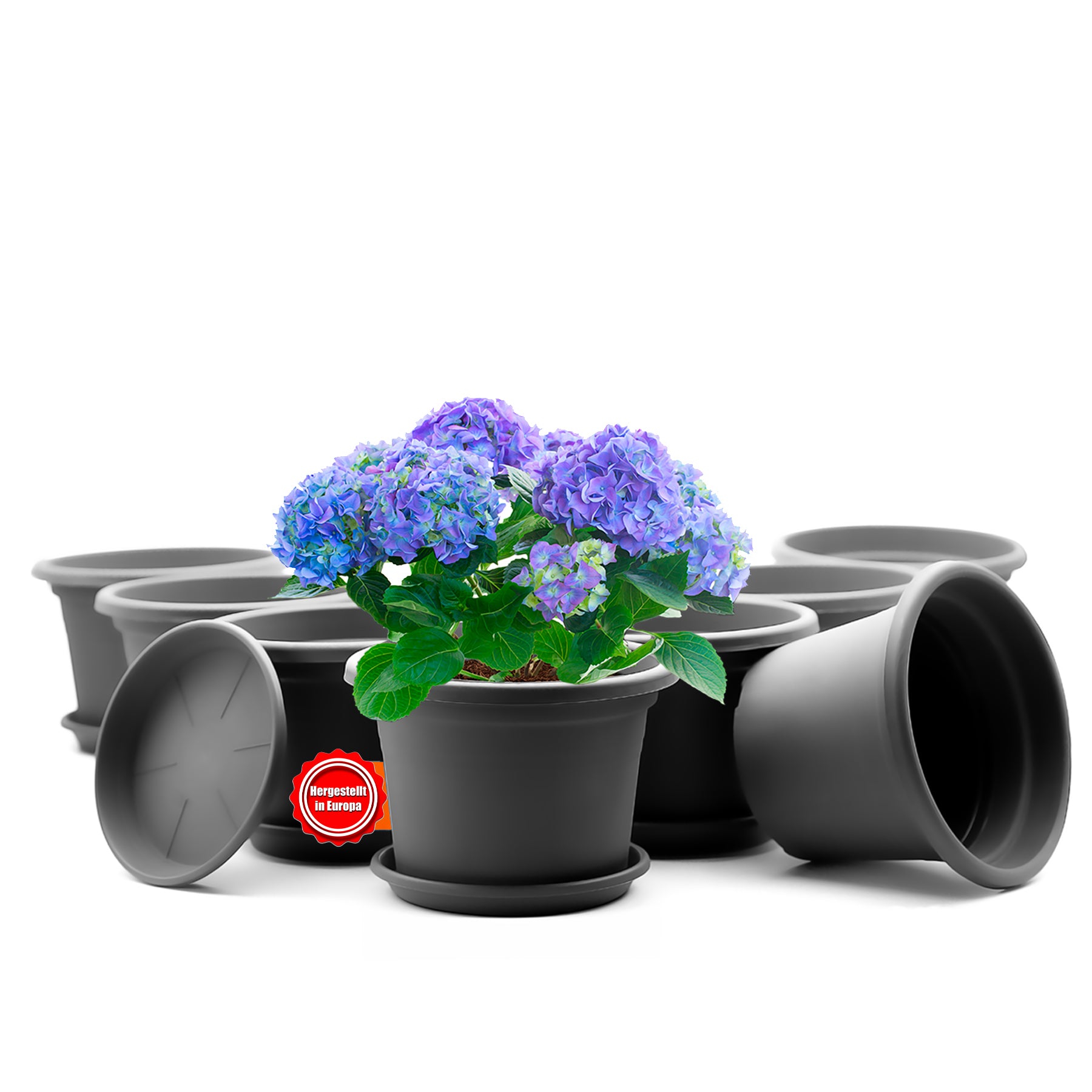8 Stück Blumentopf mit Untersetzer rund ø 30 cm Anthrazit – wetterfester Pflanzkübel Made in Europe