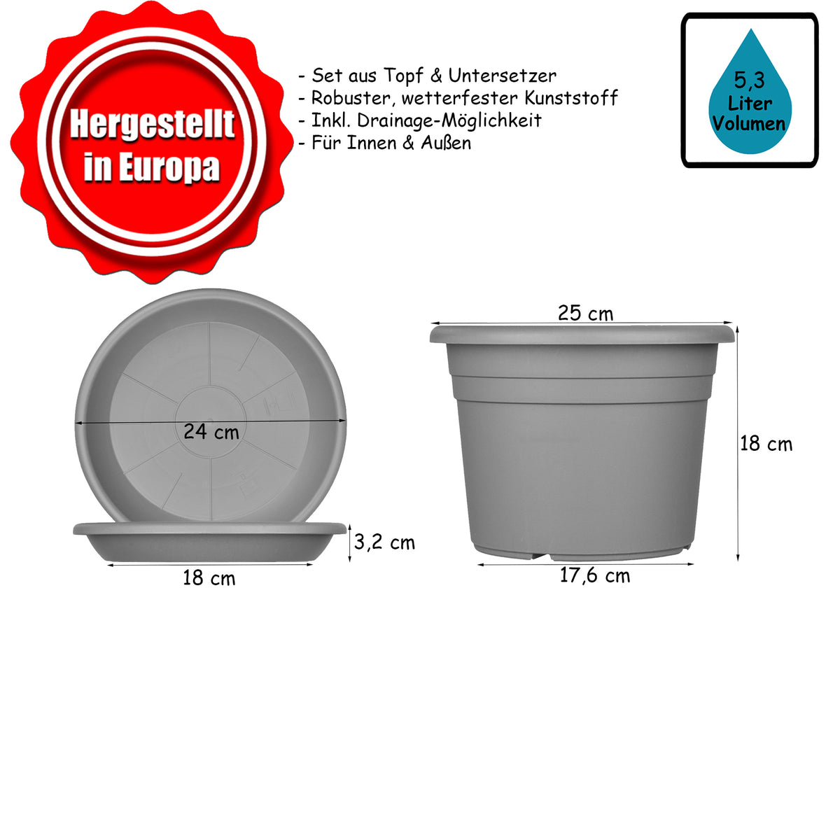 BigDean 5x Blumentopf Ø 25 cm Farbe Anthrazit & Untersetzer Kunststoff Pflanztopf Containertopf Übertopf Pflanzkübel rund 25 x 18 cm Blumentöpfe image 6