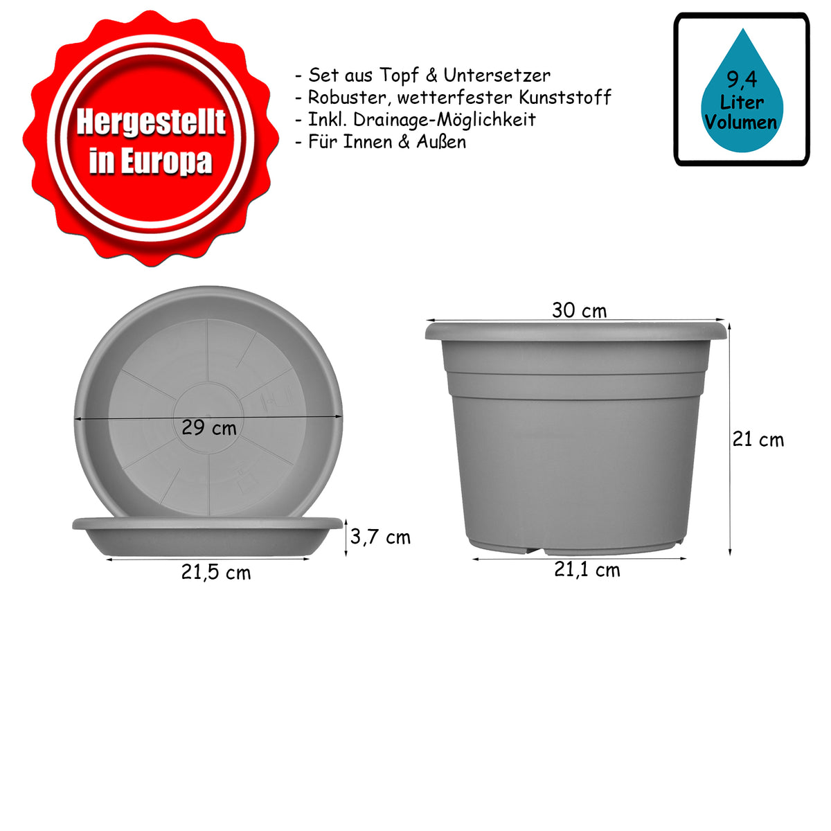 BigDean 5X Blumentopf Ø 30 cm Farbe Anthrazit & Untersetzer Kunststoff Pflanztopf Containertopf Übertopf Pflanzkübel rund 30 x 21 cm Blumentöpfe image 6