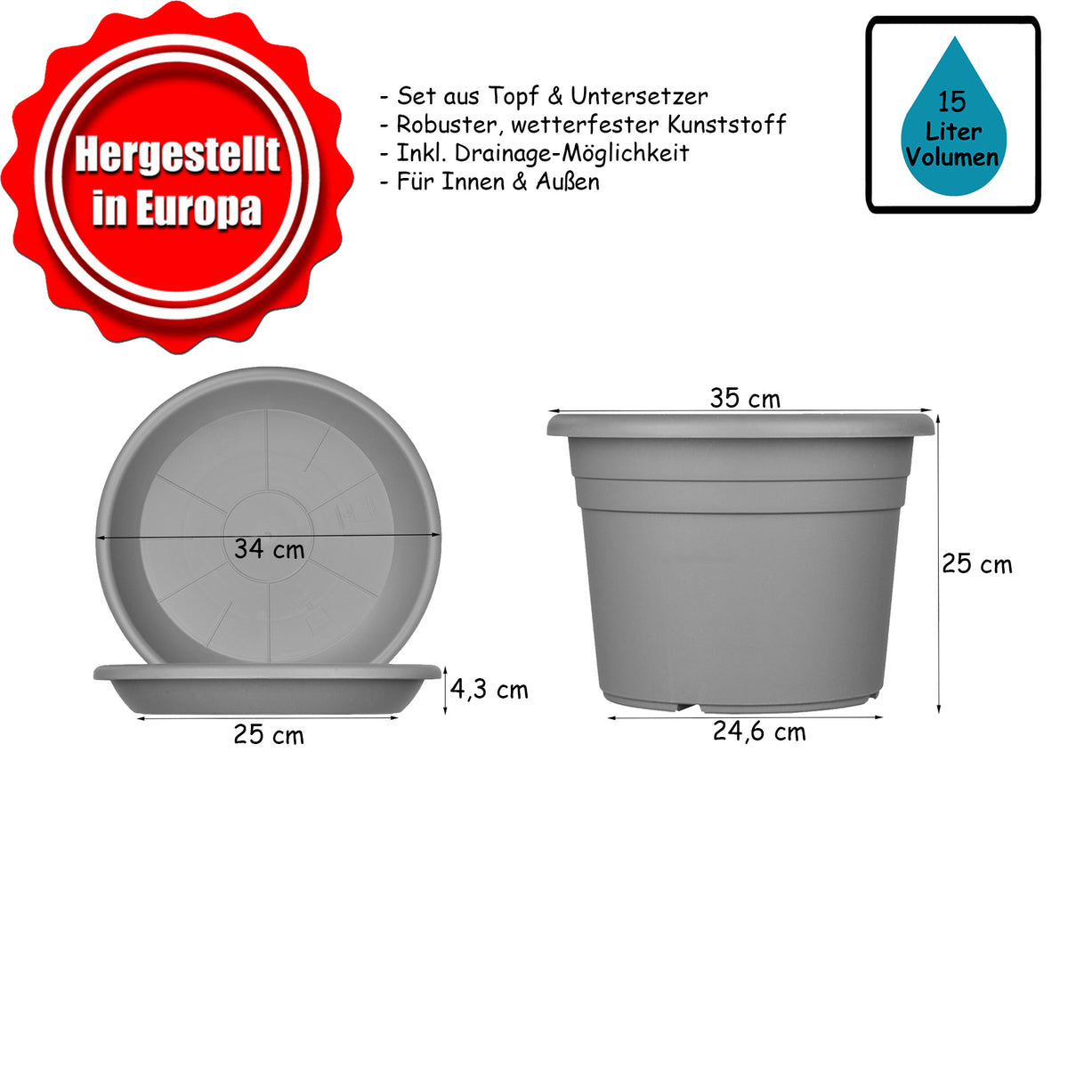 BigDean 5x Blumentopf Ø 35 cm Farbe Anthrazit & Untersetzer Kunststoff Pflanztopf Containertopf Übertopf Pflanzkübel rund 35 x 25 cm Blumentöpfe image 6