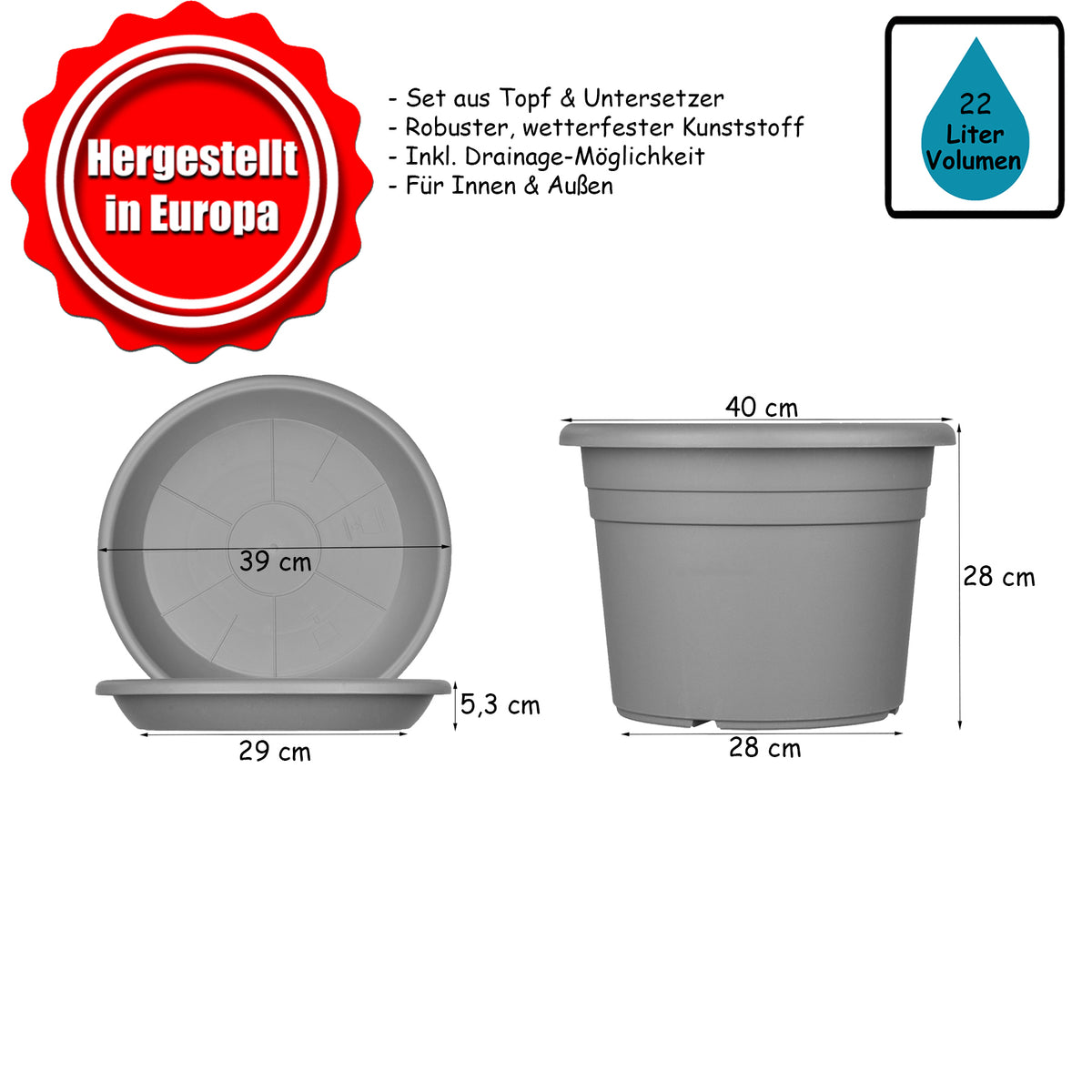 BigDean 5X Blumentopf Ø 40 cm Farbe Anthrazit & Untersetzer Kunststoff Pflanztopf Containertopf Übertopf Pflanzkübel rund 40 x 28 cm Blumentöpfe image 6