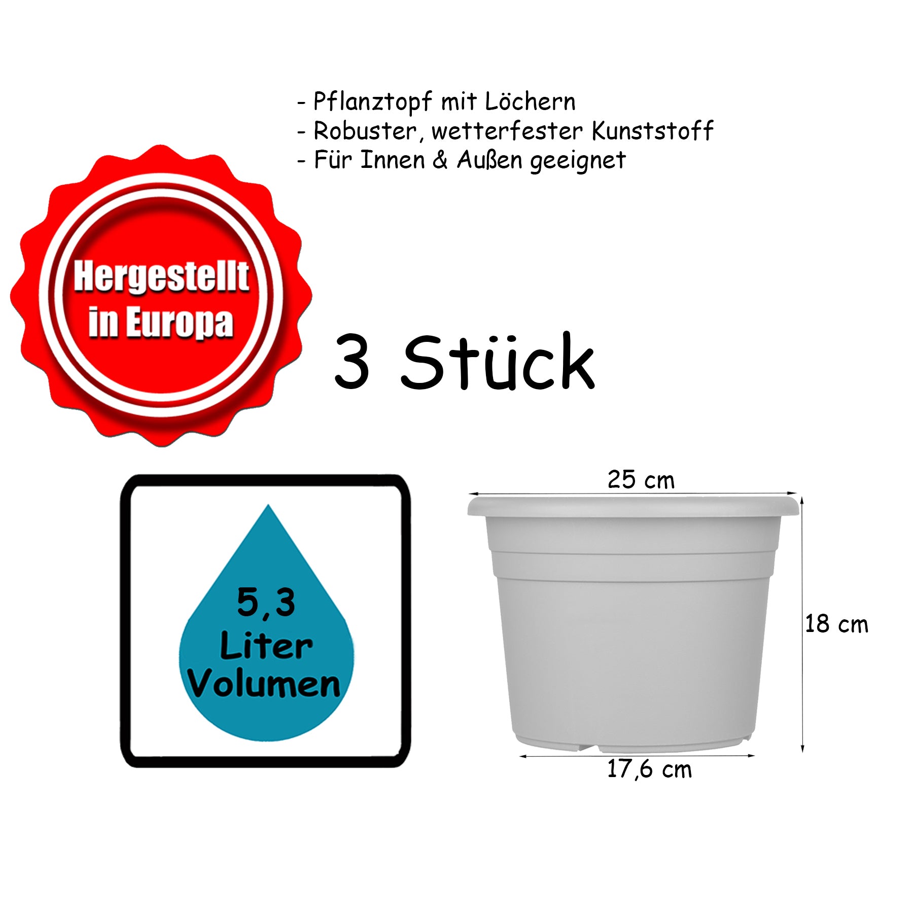 3x Blumentopf Ø 25 cm Farbe Anthrazit Kunststoff Pflanztopf Containertopf Übertopf Pflanzkübel rund 5