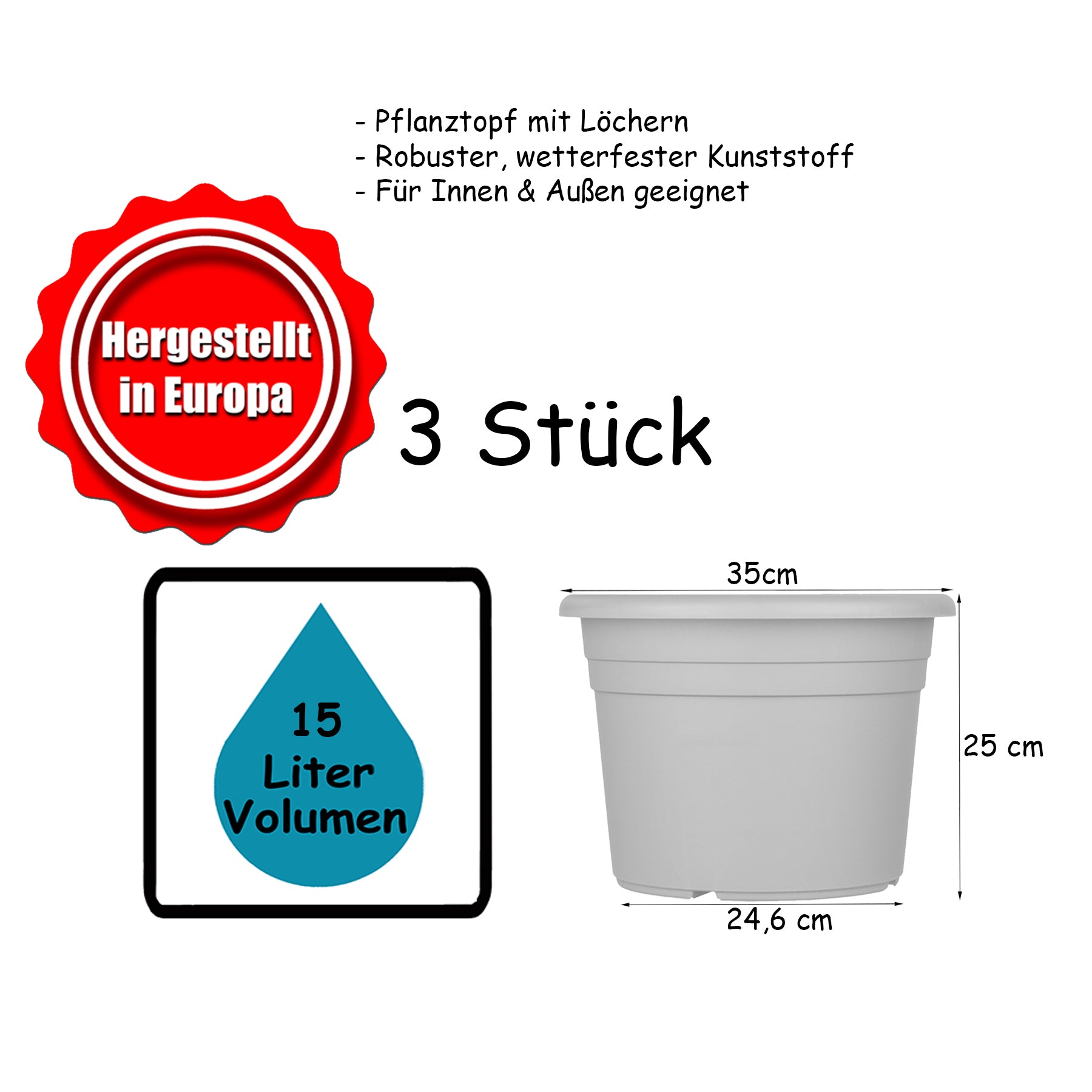 3x Blumentopf Ø 35 cm Farbe Anthrazit Kunststoff Pflanztopf Containertopf Übertopf Pflanzkübel rund 5