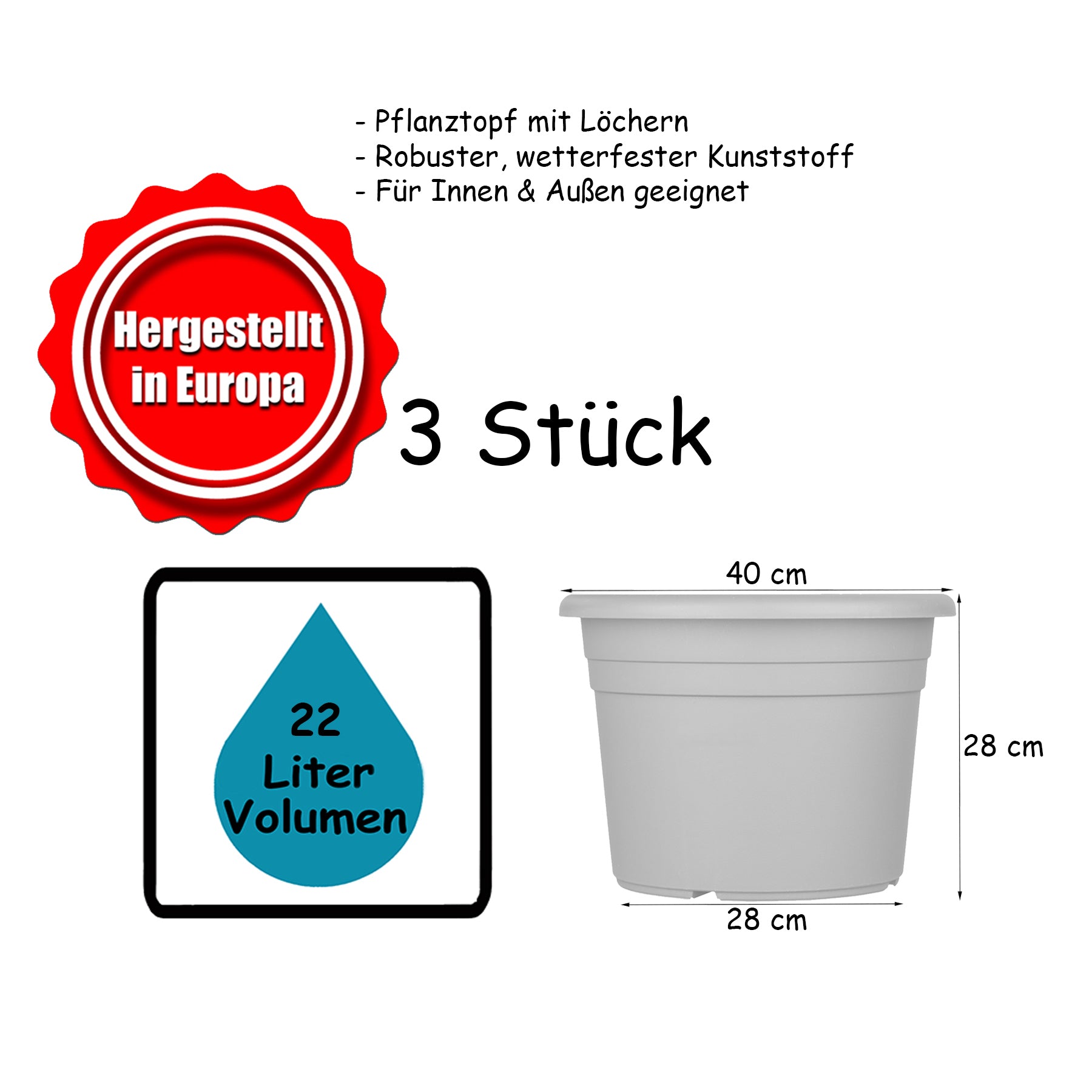 3x Blumentopf Ø 40 cm Farbe Anthrazit Kunststoff Pflanztopf Containertopf Übertopf Pflanzkübel rund 5